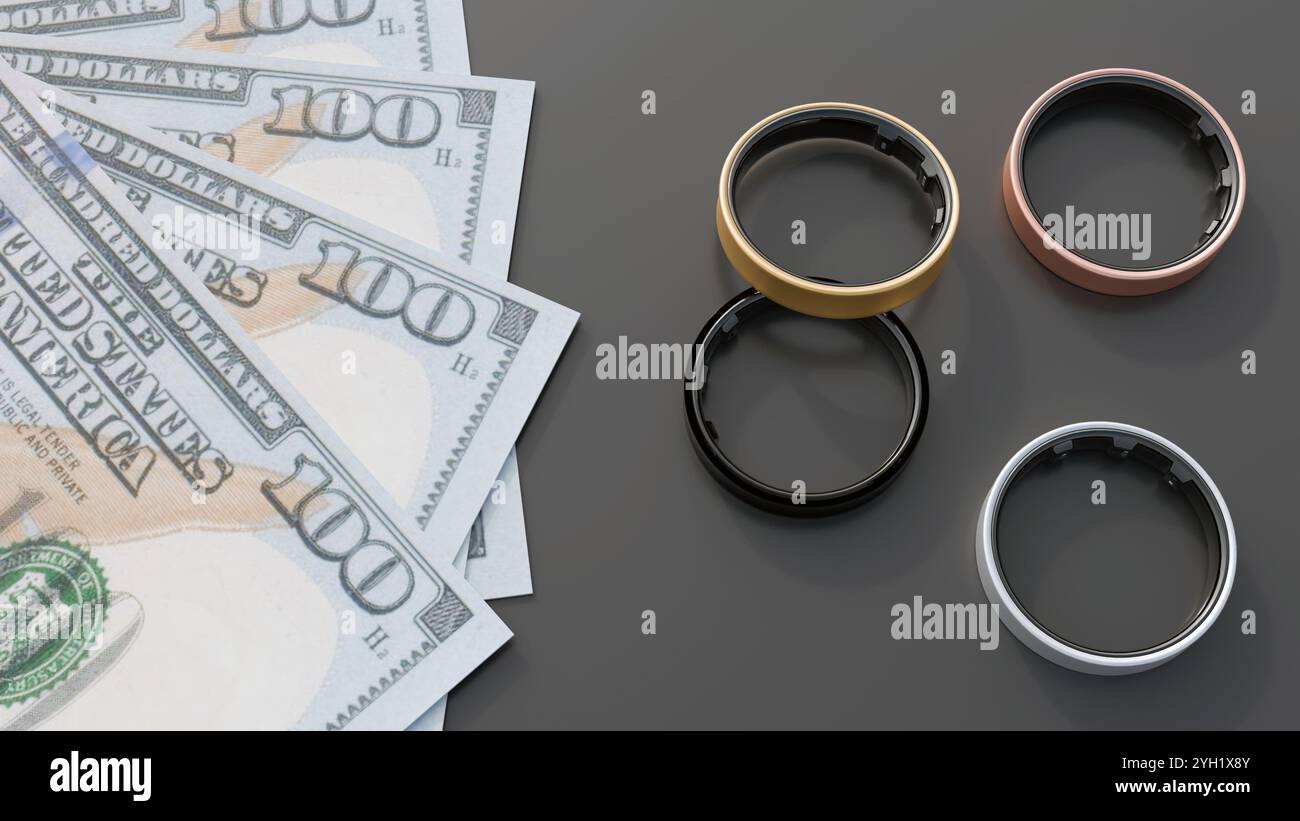 3d rendering of smart rings as wearable electronic device and stack of ...