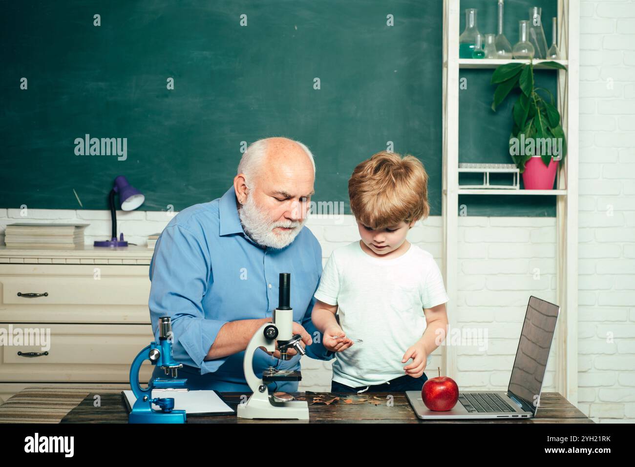 Elementary school and education. Old and Young. Family generation and ...