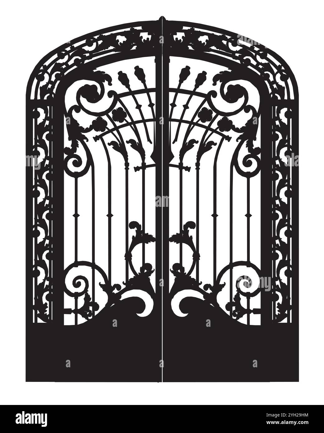 Vector detail of classic gate ornament design silhouette on white background. Wrought iron gate that is closed Stock Vector