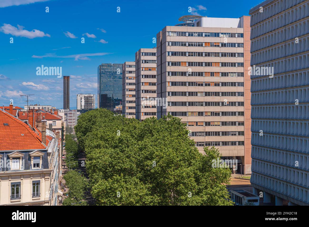 High angle view of a street with trees and buildings in Lyon, France, on a sunny day Stock Photo