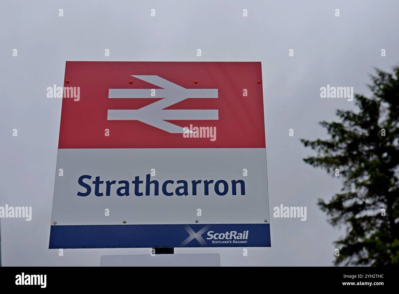 Station name board sign for Strathcarron Railway Station, Scottish Highlands, Scotland, June 2024 Stock Photo