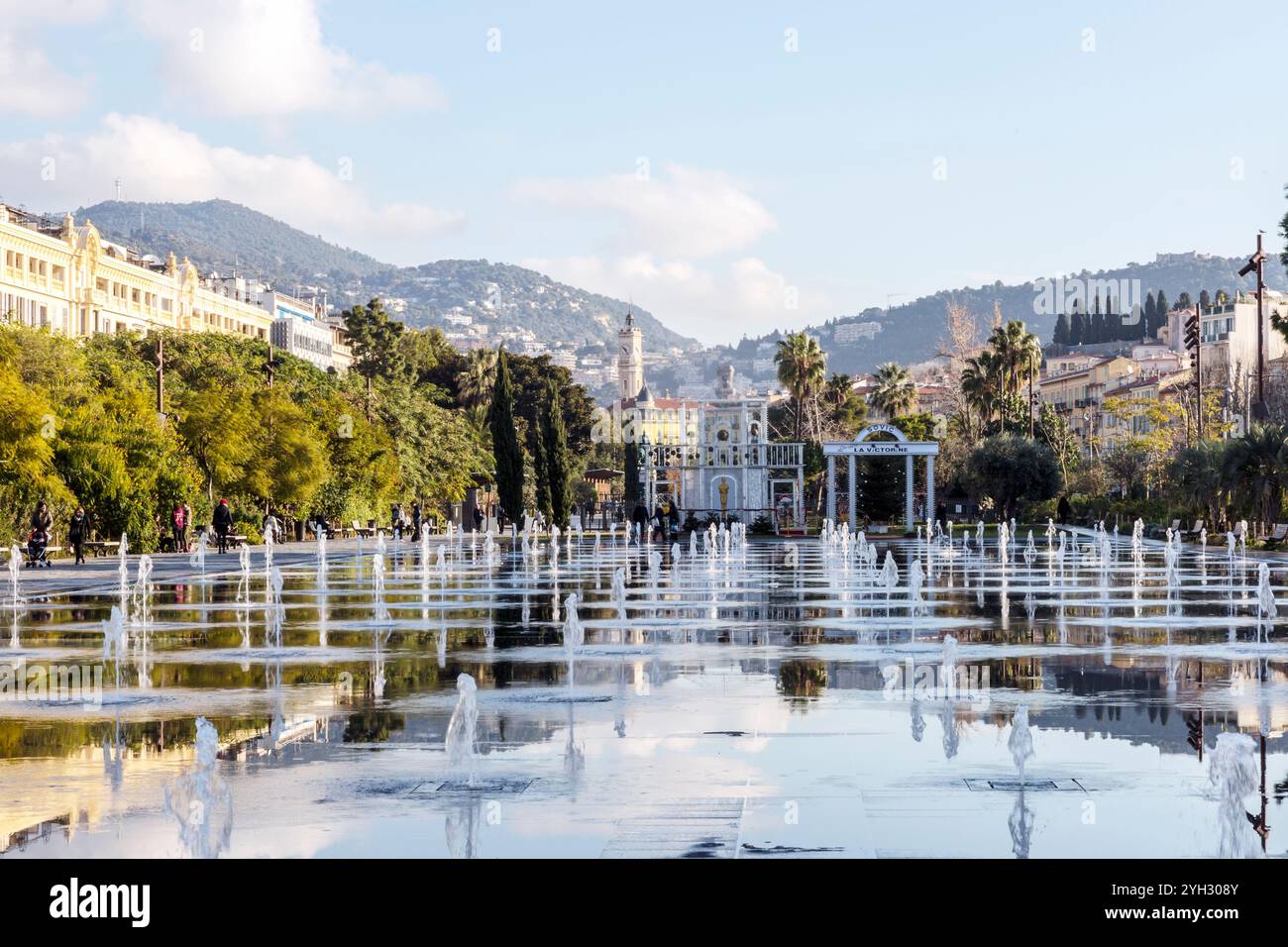 Reflective Water Features in Promenade du Paillon Stock Photo