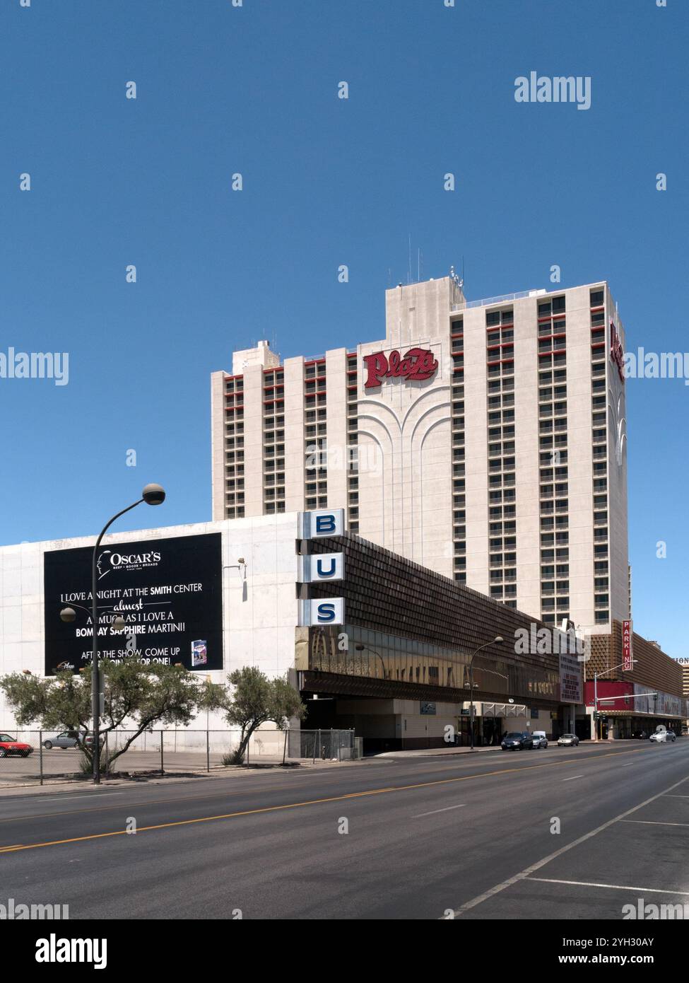LAS VEGAS, NEVADA, USA - JUNE 04, 2013:  Exterior view of the Plaza Hotel Casino with sign Stock Photo