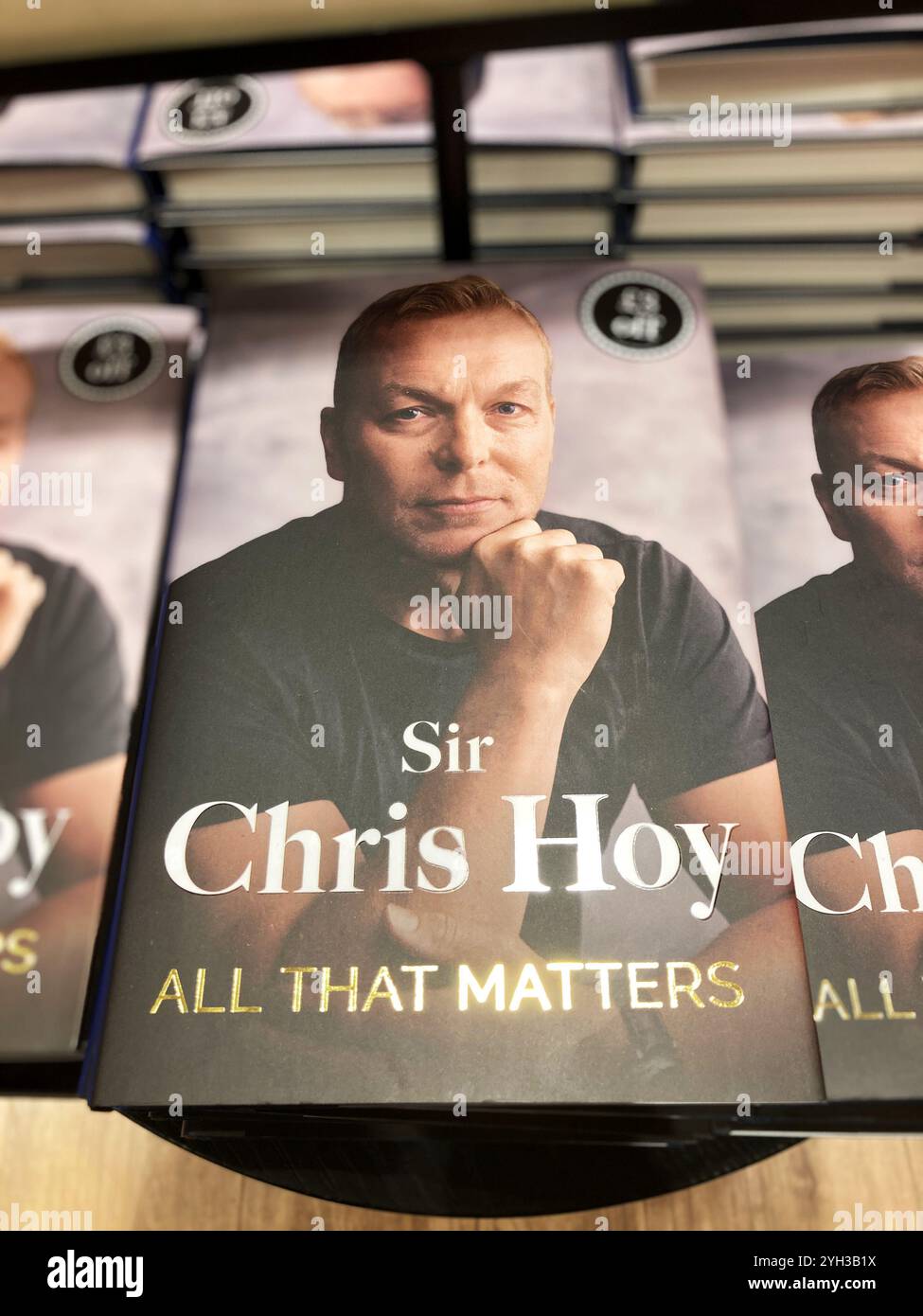 Scottish Cyclist Sir Chris Hoy biography, All That Matters in a book shop display - Smartphone Captured Stock Image