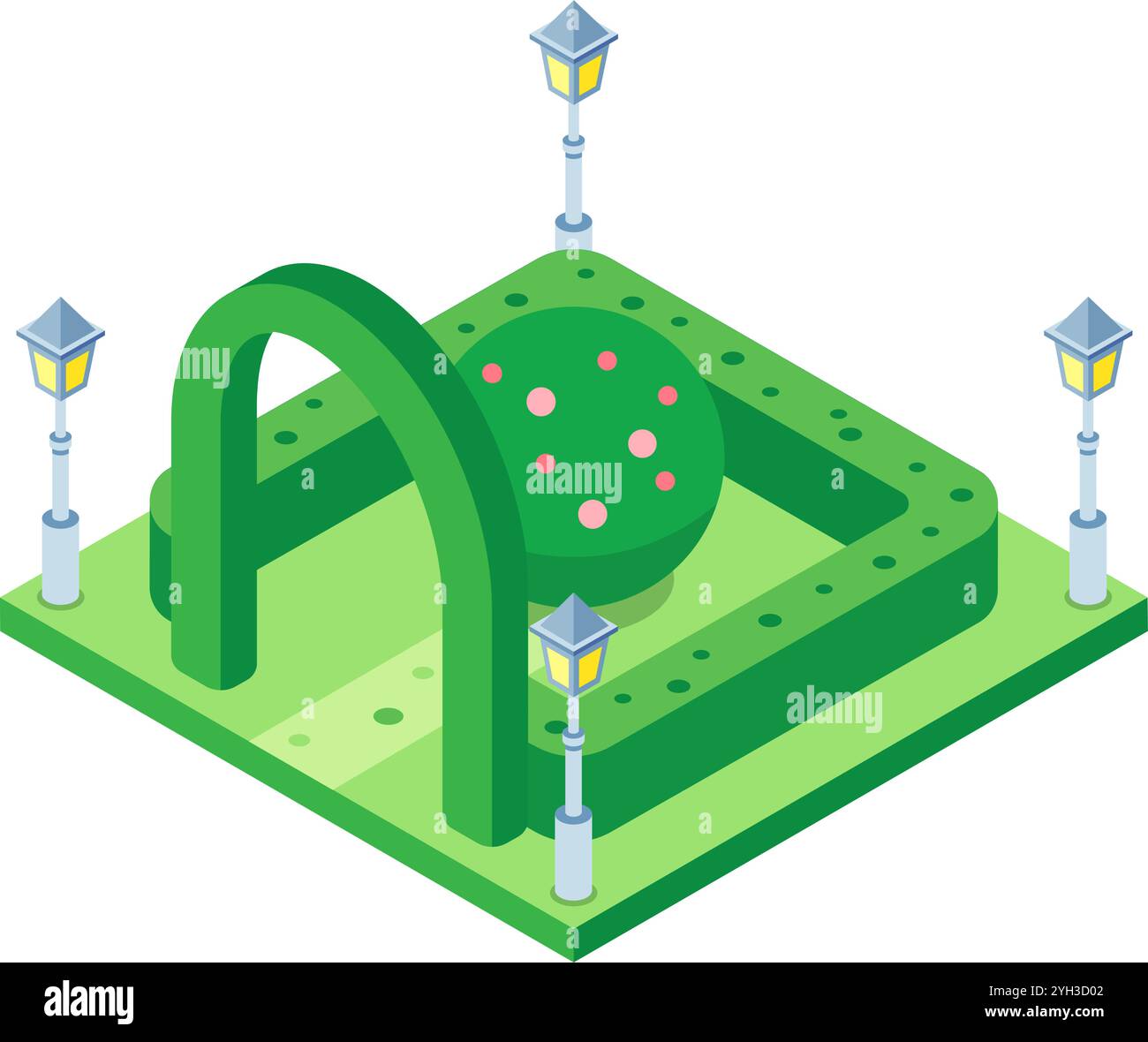 Green isometric city park with a decorative arch, a round hedge, four lampposts and a round flowering tree, representing urban landscape design and Stock Vector