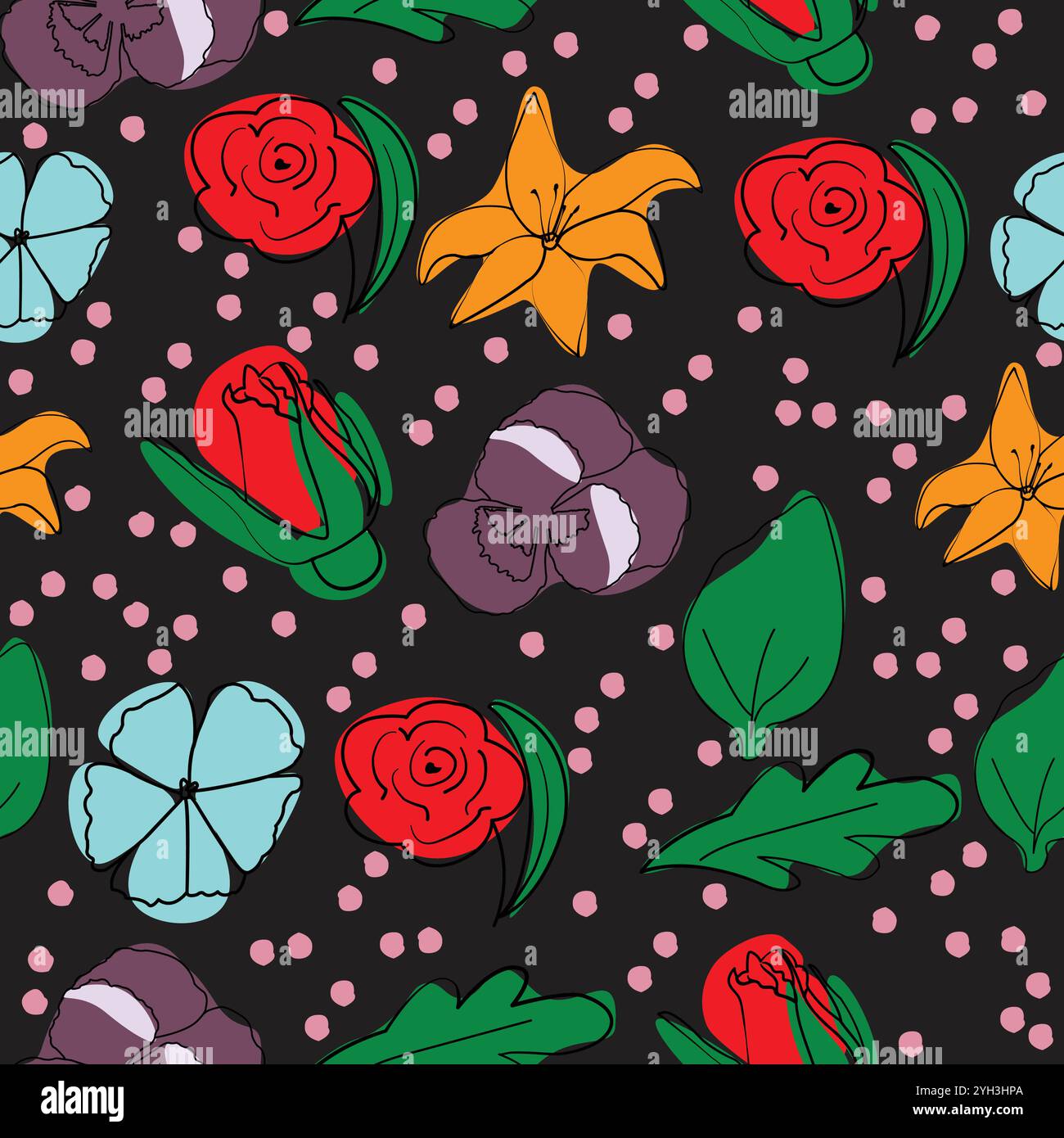 Botanical pattern with outline drawing of flowers minimalist style with colorful spots; rose, lily, pansy and leaves contoured hand drawing Stock Vector