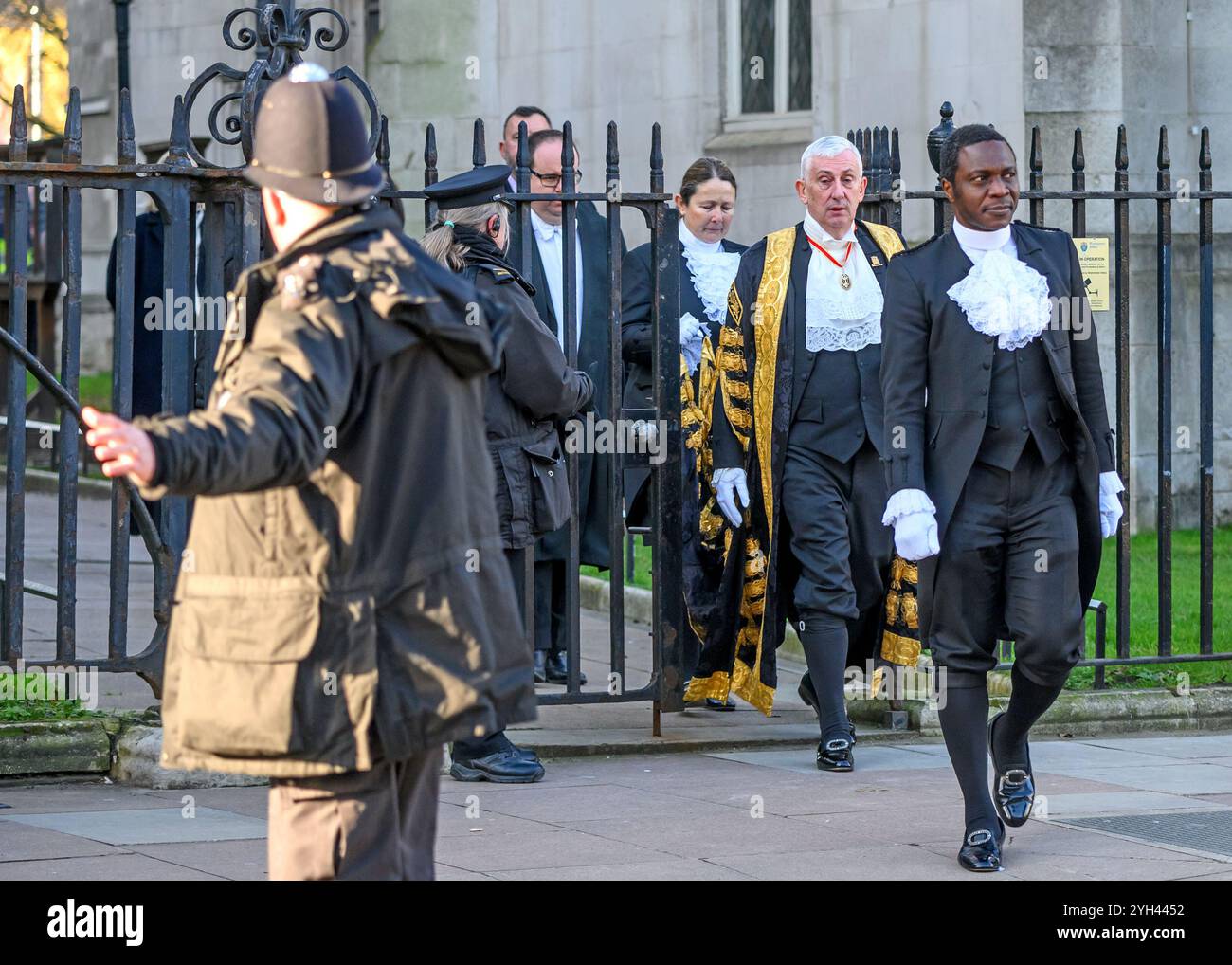 Sir Lindsay Hoyle MP (Speaker of the House of Commons) leaving in procession after attending the memorial service for former Speaker Betty Boothroyd J Stock Photo