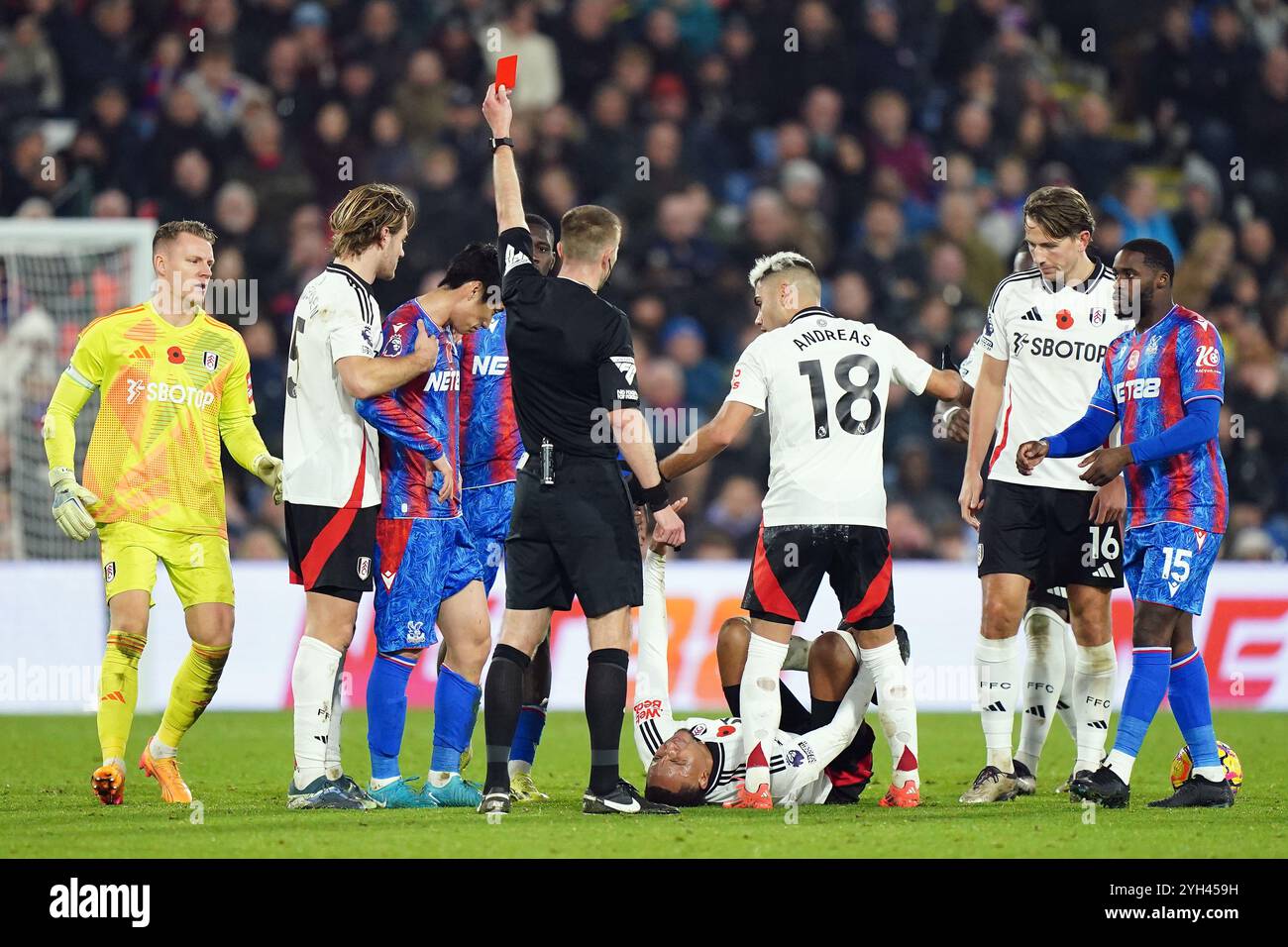 Crystal Palace's Daichi Kamada is shown a red card by referee Michael Salisbury for a foul on Fulham's Kenny Tete during the Premier League match at Selhurst Park, London. Picture date: Saturday November 9, 2024. Stock Photo