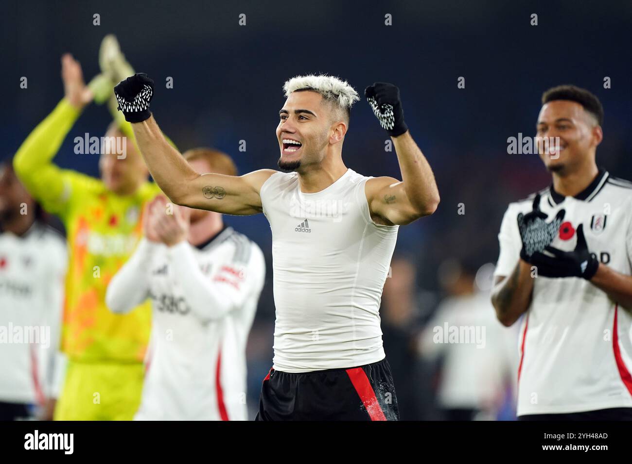 Crystal Palace's Daichi Kamada celebrates with team-mates after the final whistle in the Premier League match at Selhurst Park, London. Picture date: Saturday November 9, 2024. Stock Photo