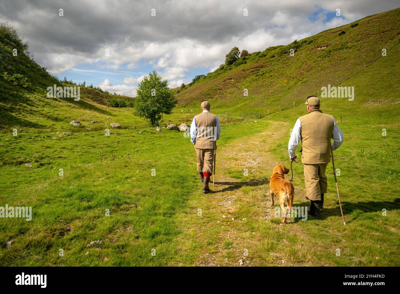 A couple of gamekeepers walking away, up a small Highland glen somewhere in Scotland. Stock Photo