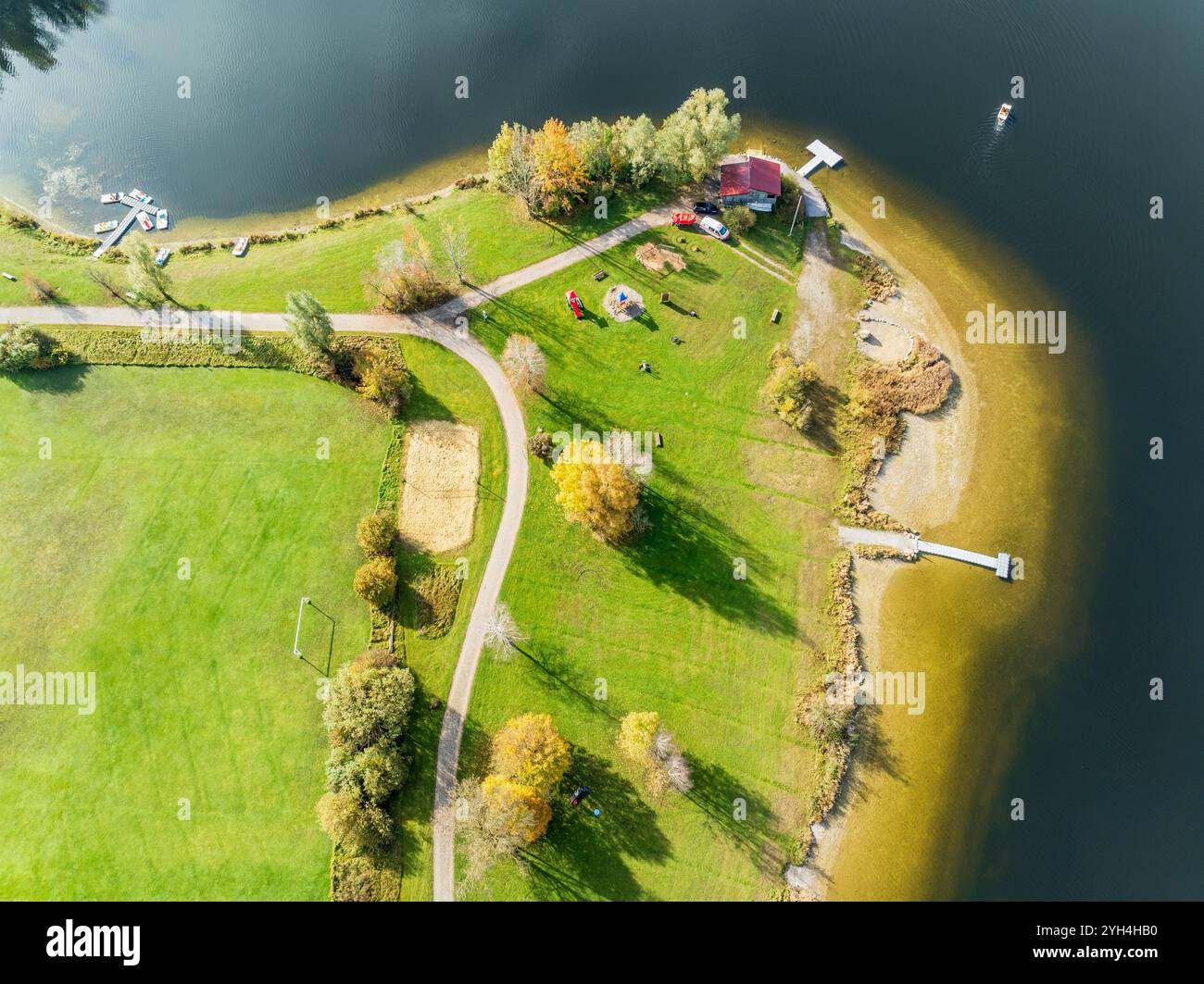 Sports facility and bathing area, lake Rottachsee, at village Petersthal,  autumn, aerial view, Allgaeu, Bavaria, Germany Stock Photo