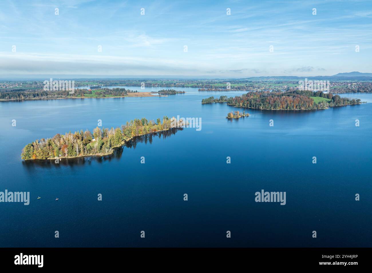 Aerial view  of lake Staffelsee near Murnau, islands Wörth, Kleine Birke, Große Birke, autumn colors,  Allgaeu, Bavaria, Germany Stock Photo