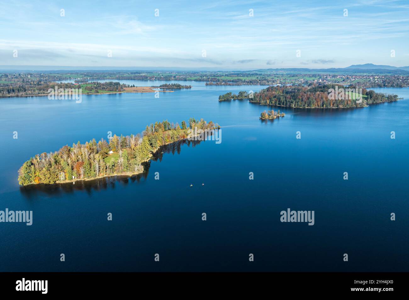 Aerial view  of lake Staffelsee near Murnau, islands Wörth, Kleine Birke, Große Birke, autumn colors,  Allgaeu, Bavaria, Germany Stock Photo