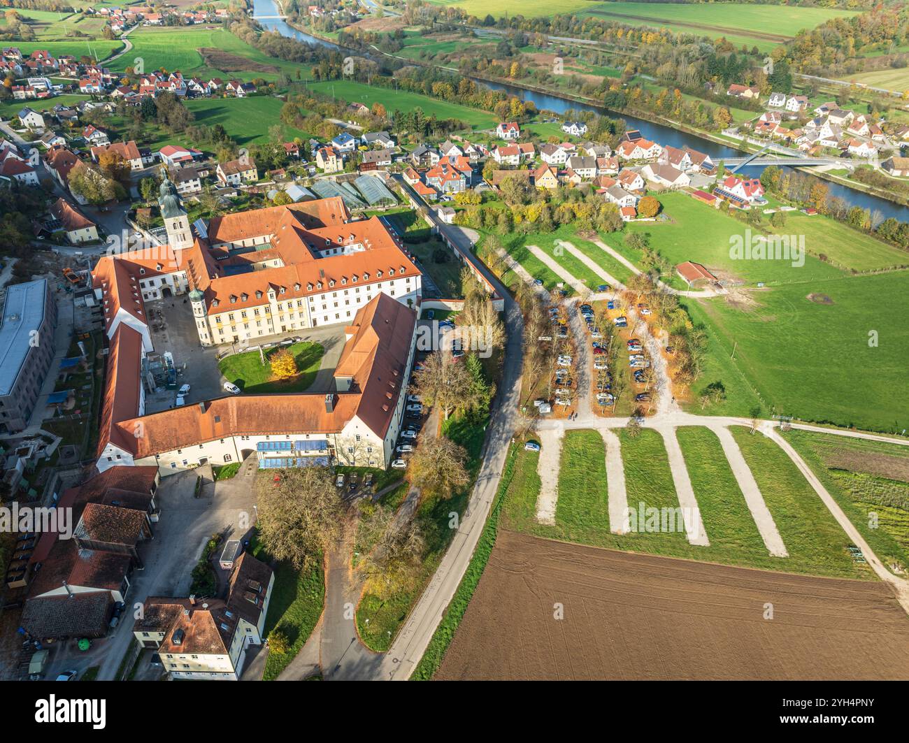 Aerial view of Plankstetten with Benedictine Abbey, Plankstetten, Berching, Bavaria, Germany Stock Photo