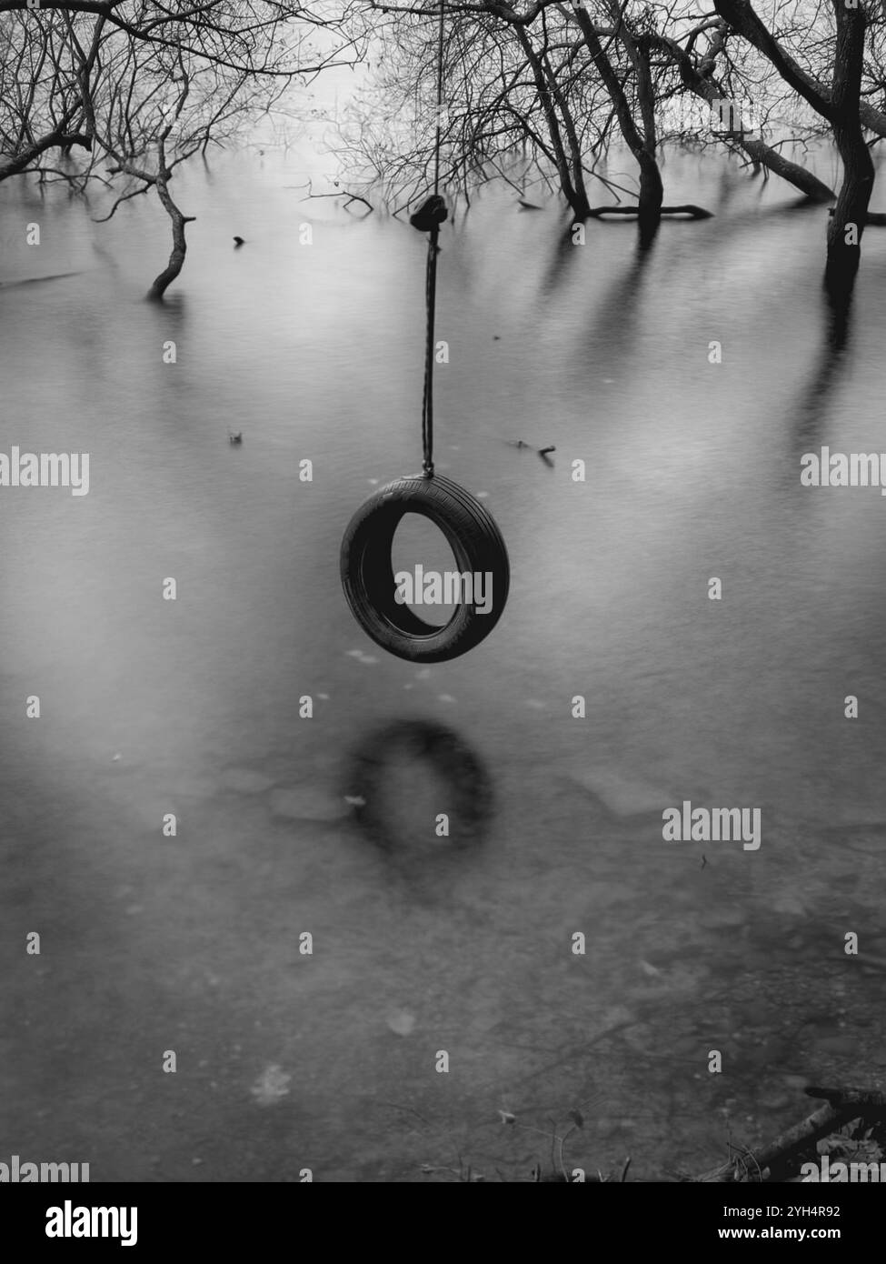 Tyre swing above reservoir at Rivington near Chorley, Lancashire UK - Smartphone Captured Stock Image
