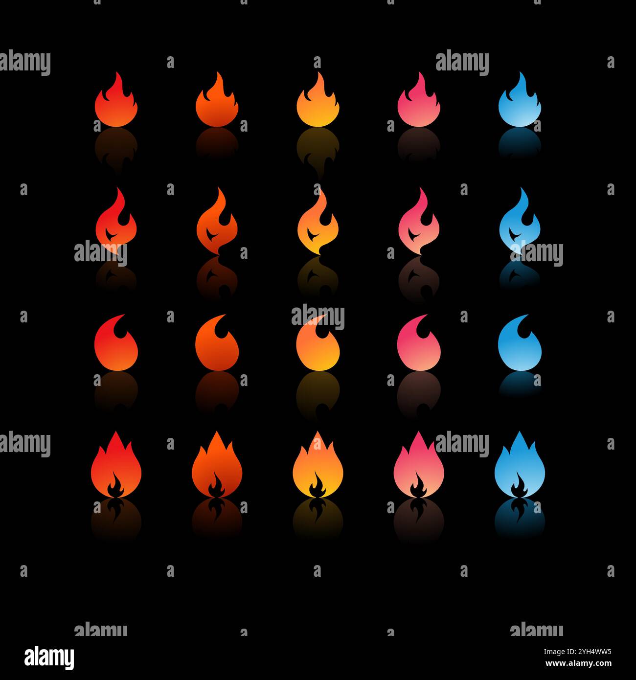 25 fire icons with varying gradients and shapes in colors ranging from red, orange, yellow, pink, to blue for Game Development Elements, Graphic Desig Stock Vector