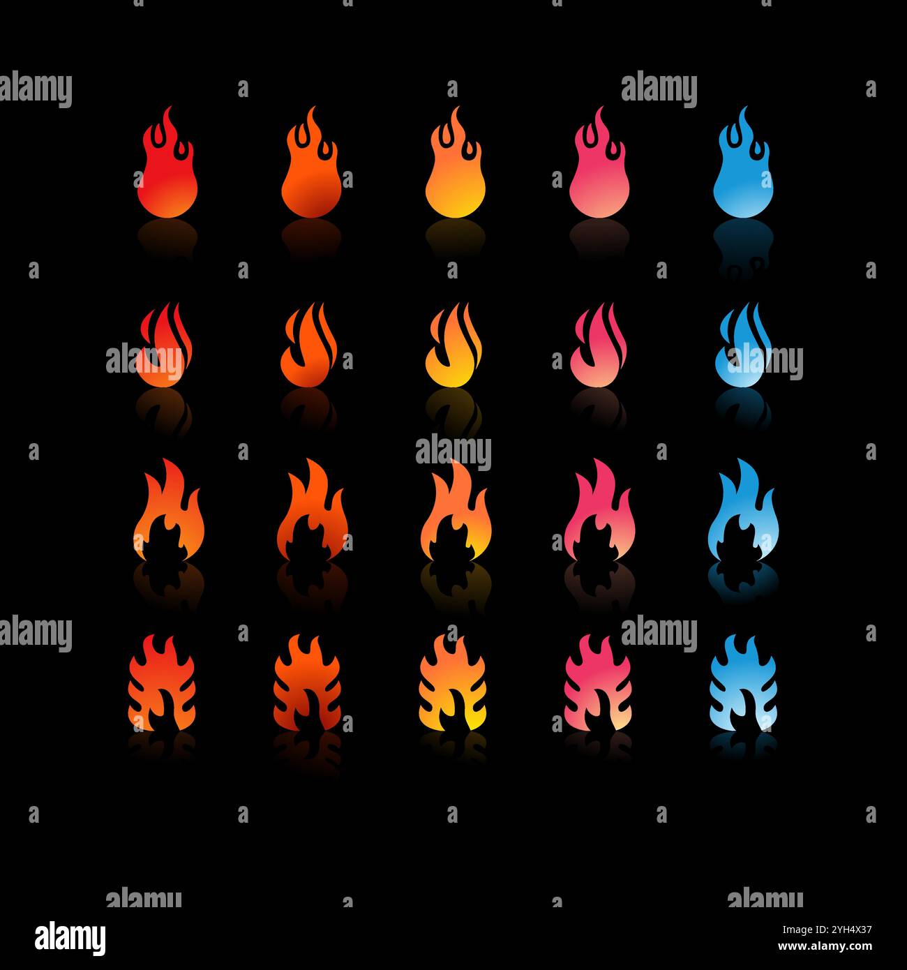 25 fire icons with varying gradients and shapes in colors ranging from red, orange, yellow, pink, to blue for Game Development Elements, Graphic Desig Stock Vector