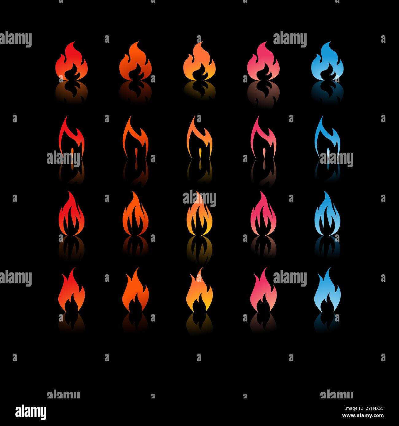 25 fire icons with varying gradients and shapes in colors ranging from red, orange, yellow, pink, to blue for Game Development Elements, Graphic Desig Stock Vector