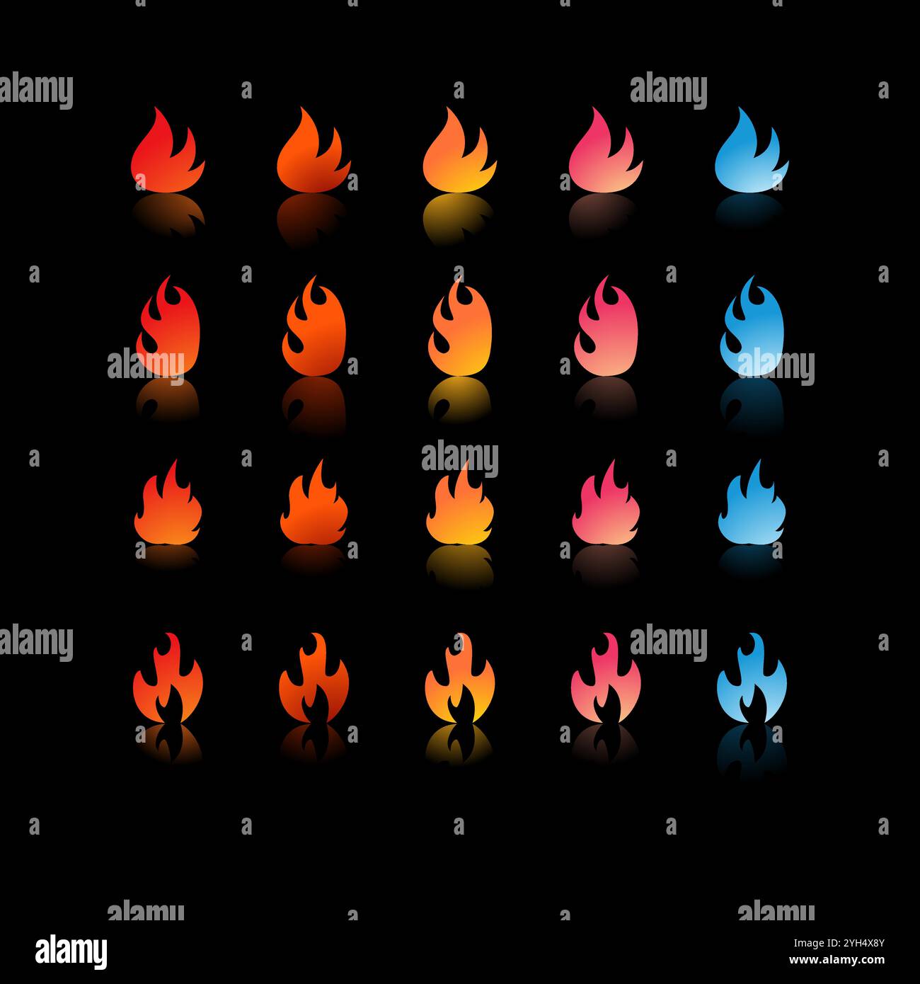 25 fire icons with varying gradients and shapes in colors ranging from red, orange, yellow, pink, to blue for Game Development Elements, Graphic Desig Stock Vector