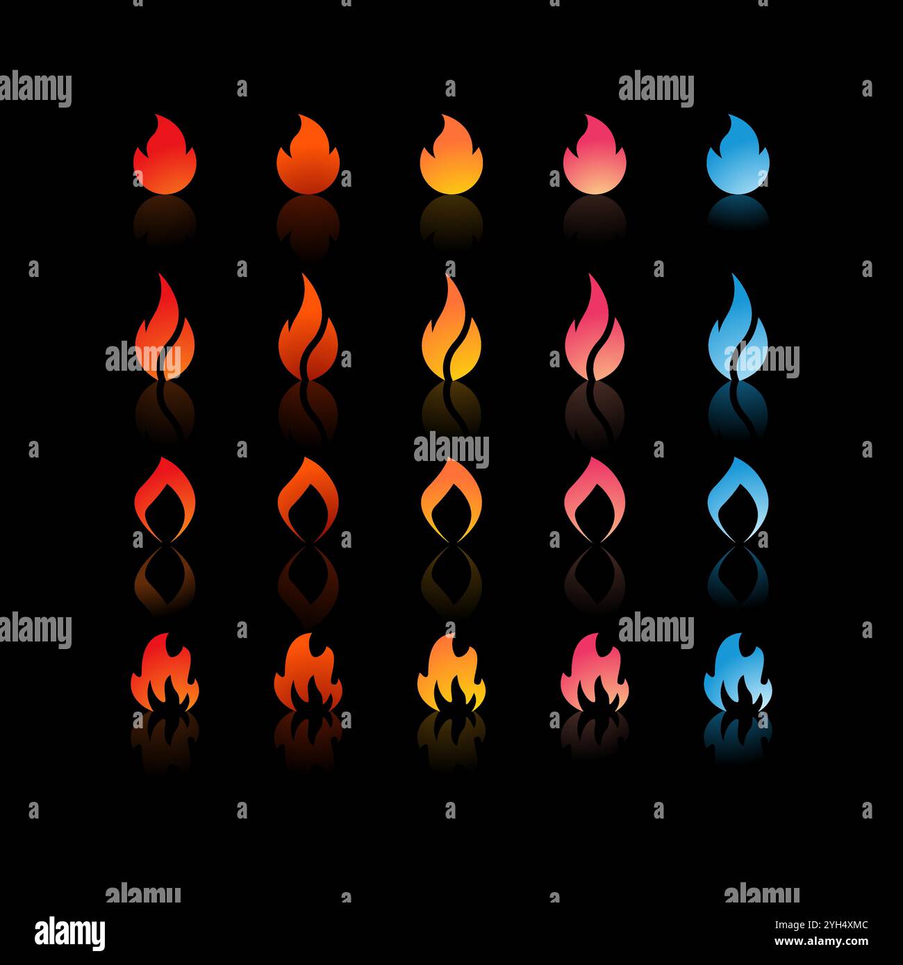 25 fire icons with varying gradients and shapes in colors ranging from red, orange, yellow, pink, to blue for Game Development Elements, Graphic Desig Stock Vector