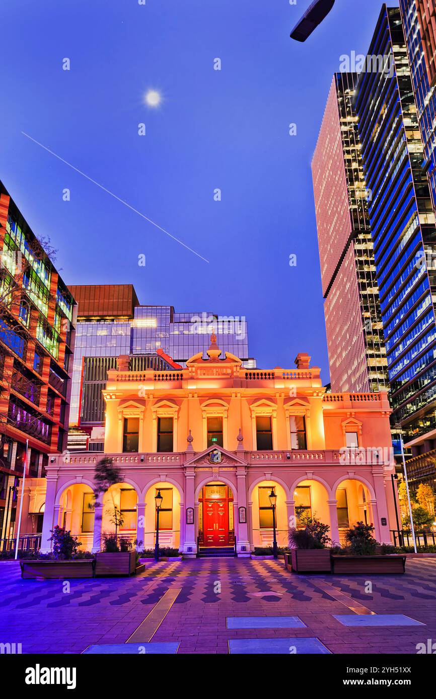 Parramatta Western Sydney city CBD local government public building of the town hall at sunset. Stock Photo