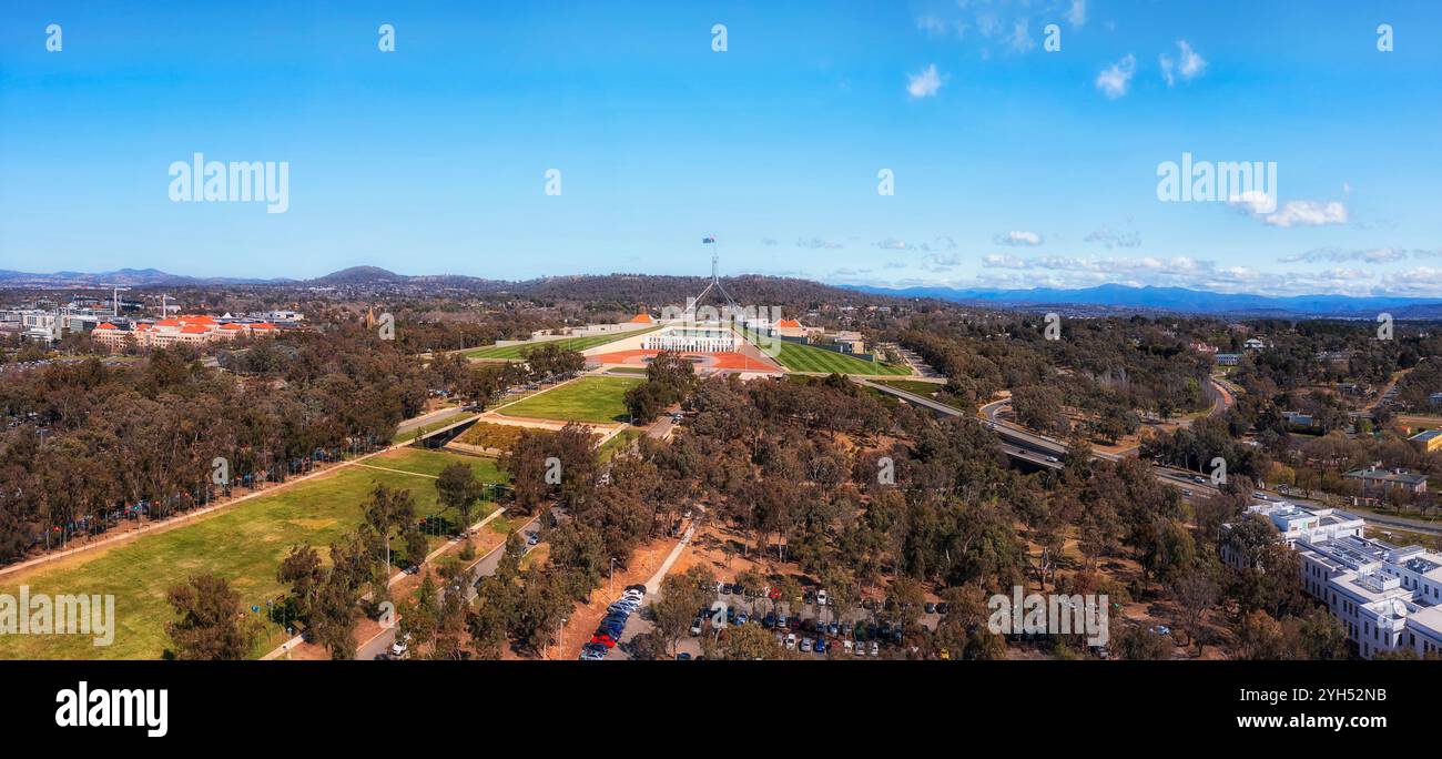 Park centered federal parliament house and national government in capital city of Australia canberra- aerial cityscape. Stock Photo