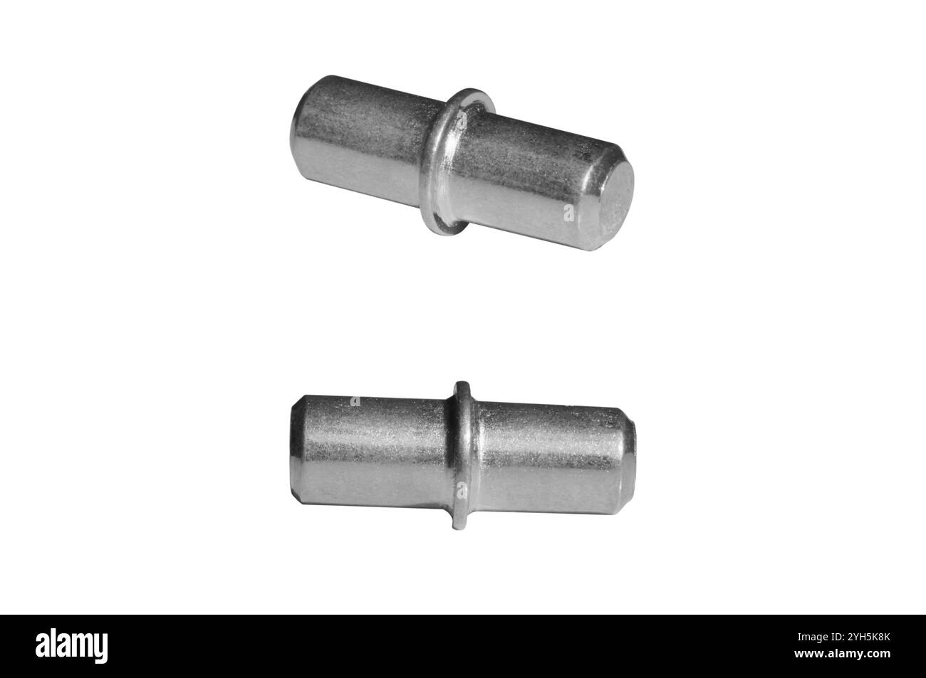 Heavy duty 5mm diameter divided shelf pins with stop for sturdy shelf support and organization in home or office furniture. Isolated Stock Photo