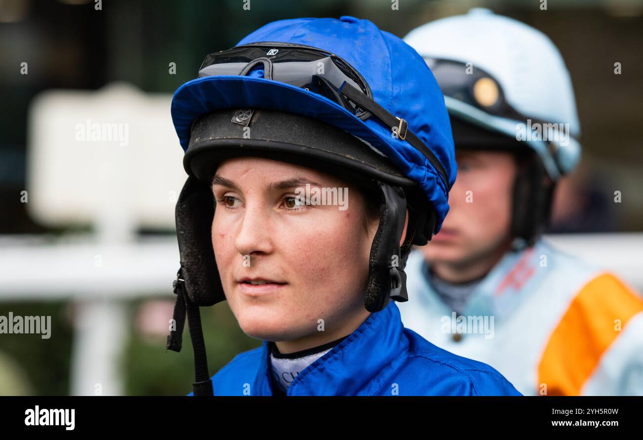 Conditional jockey Isabelle Ryder walks out ahead of her ride at Ascot, Saturday 2nd November 2024. Credit JTW Equine Images / Alamy. Stock Photo