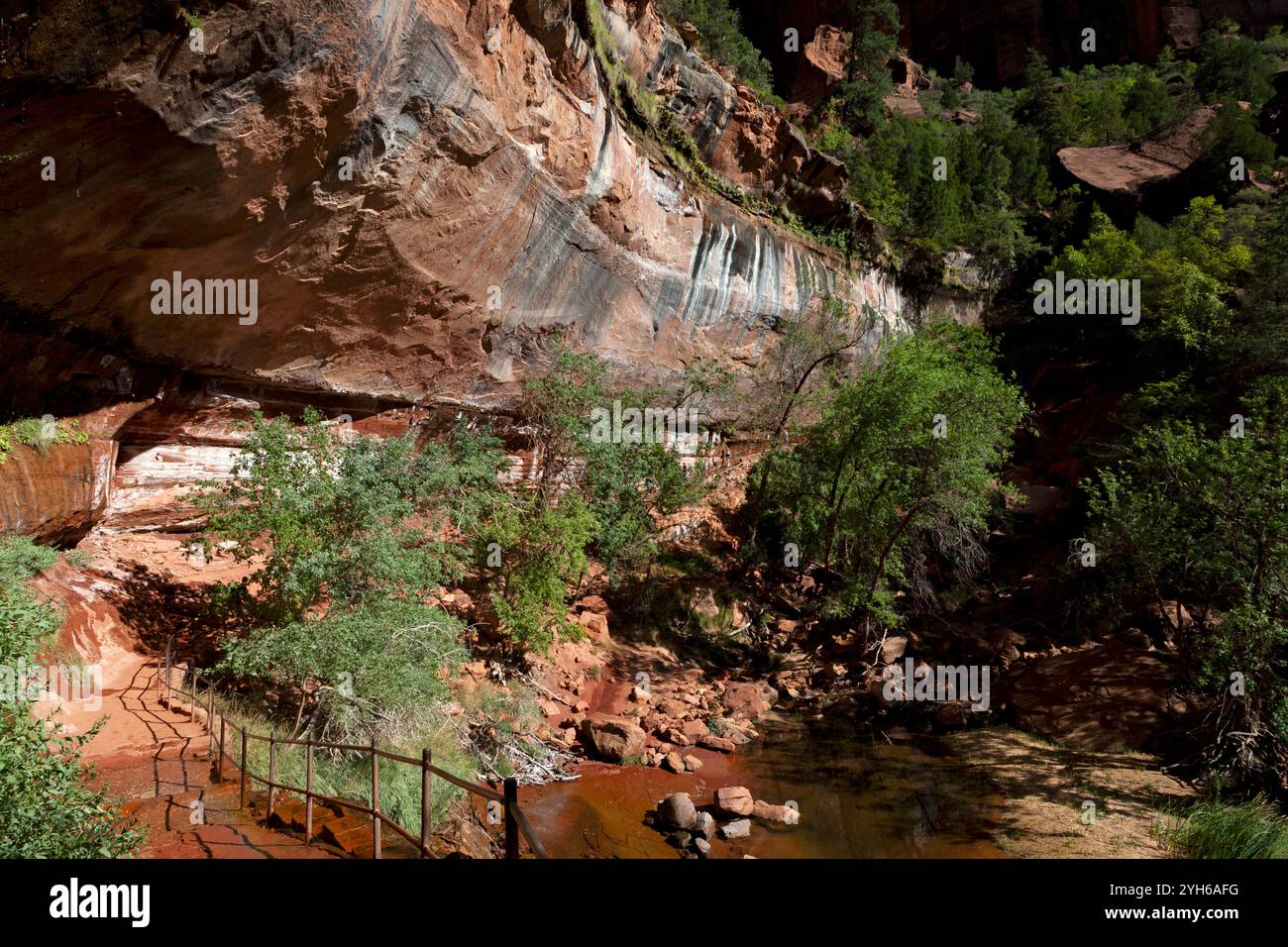 The Lower Emerald Pools Trail passes a dry Lower Emerald Pool in Zion National Park in late summer. Stock Photo
