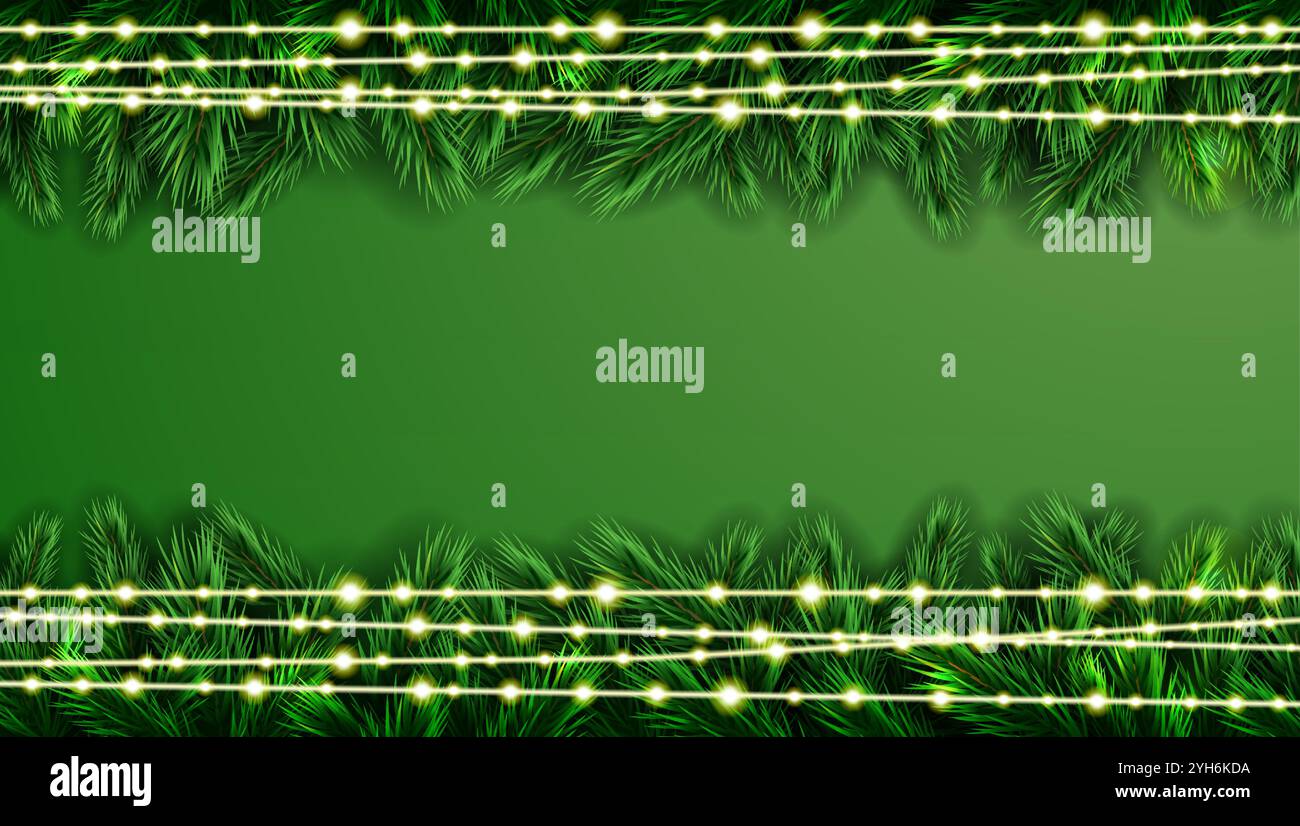 Fir branches with golden christmas balls and neon lights on garlands on ...