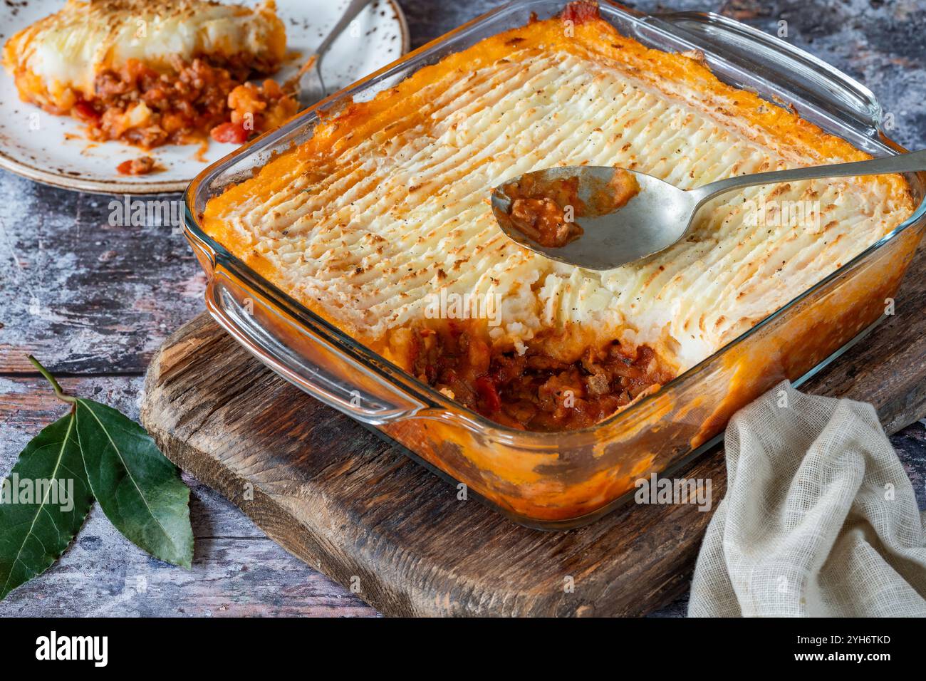 Traditional English shepherd's pie topped with baked mashed potato