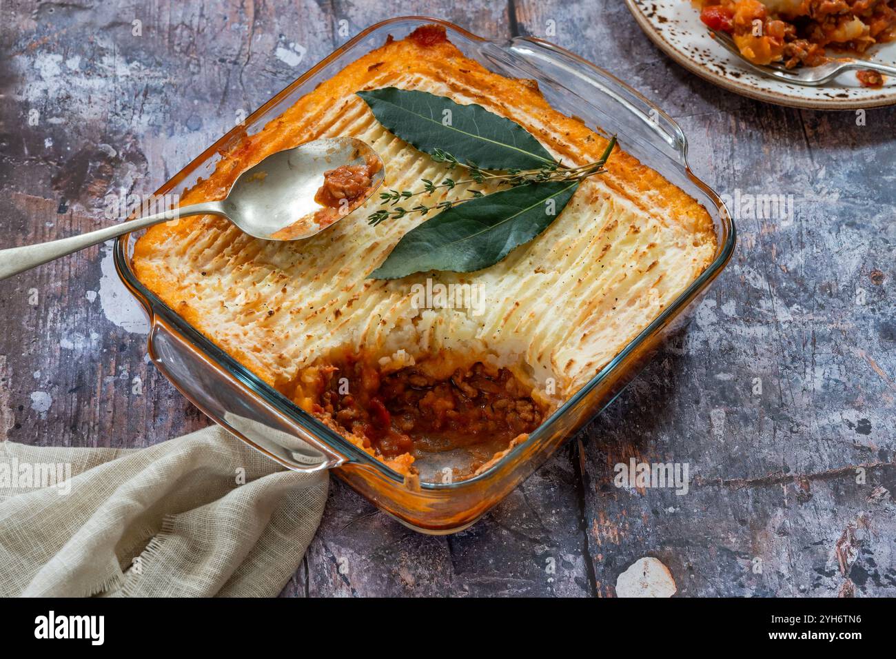 Traditional English shepherd's pie topped with baked mashed potato