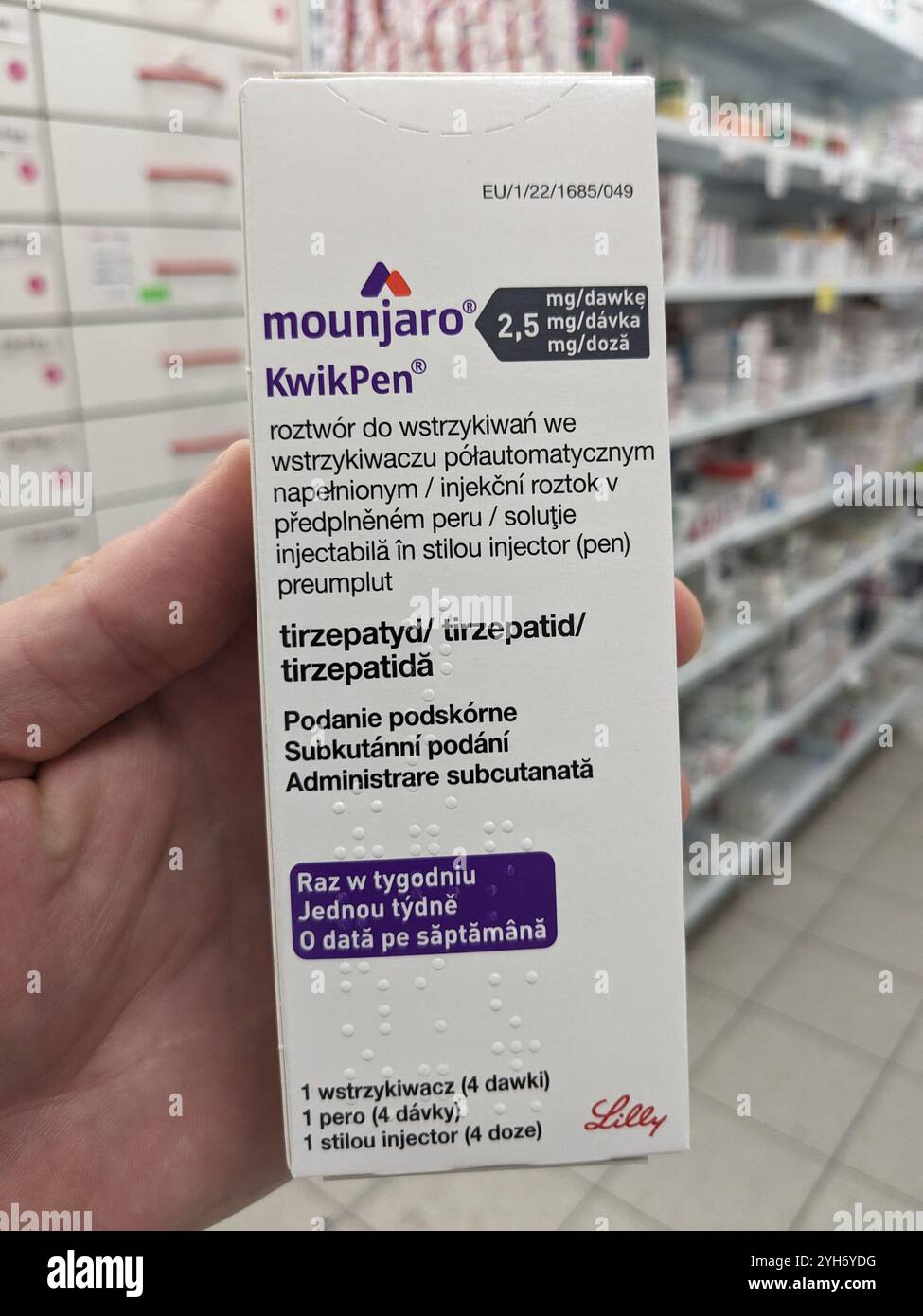 MOUNJARO KWIKPEN with TIRZEPATIDE active substance by ELI LILLY, used for type 2 diabetes and weight management. Stock Photo