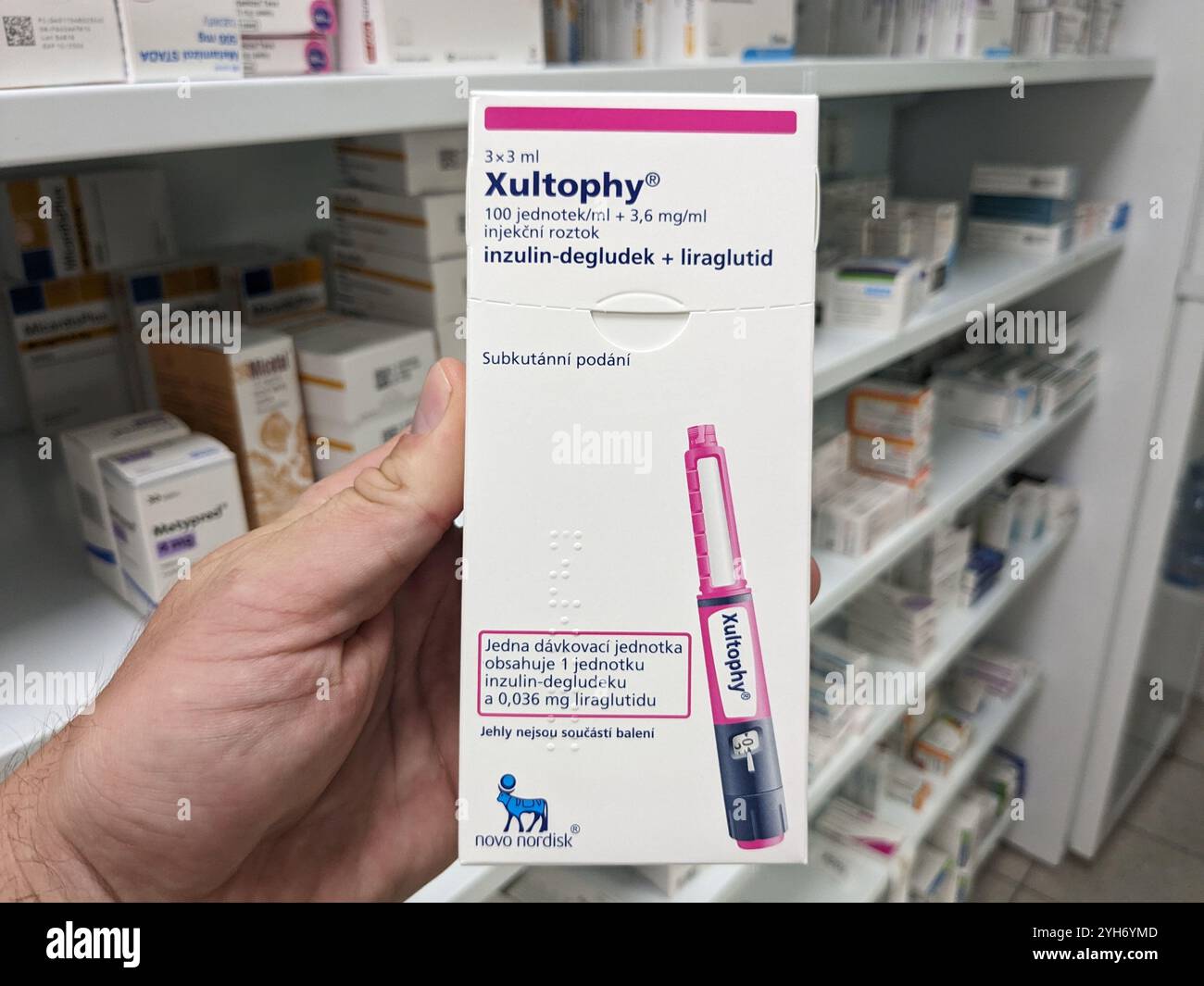 XULTOPHY box of medication with INSULIN DEGLUDEC and LIRAGLUTIDE active substances by NOVO NORDISK, used for treatment of diabetes and blood sugar con Stock Photo