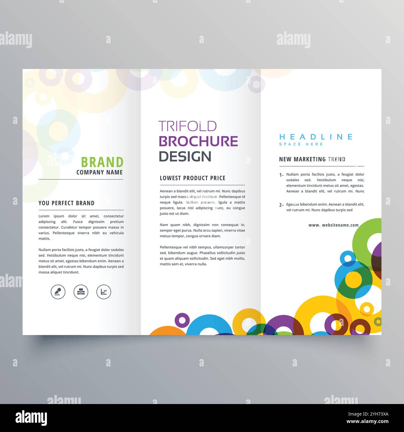 colorful circles business tri fold brochure vector design template