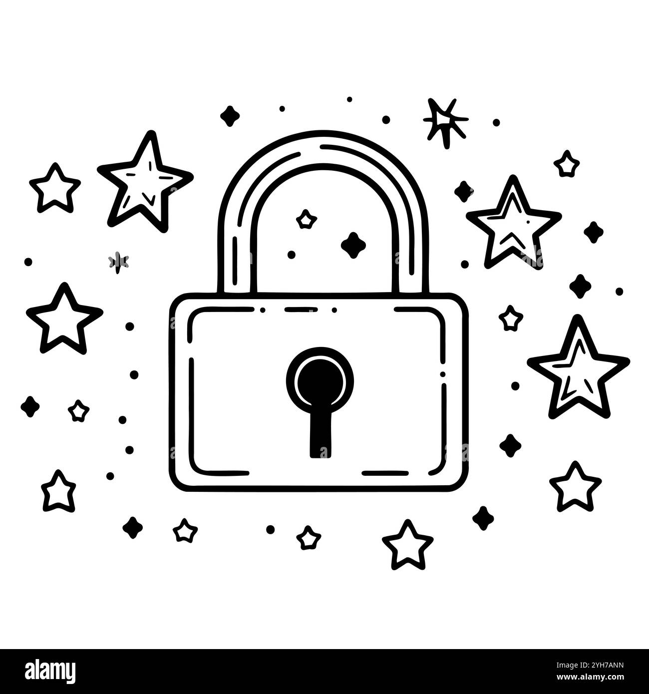 Minimalist black and white illustration of a padlock with stars Stock ...