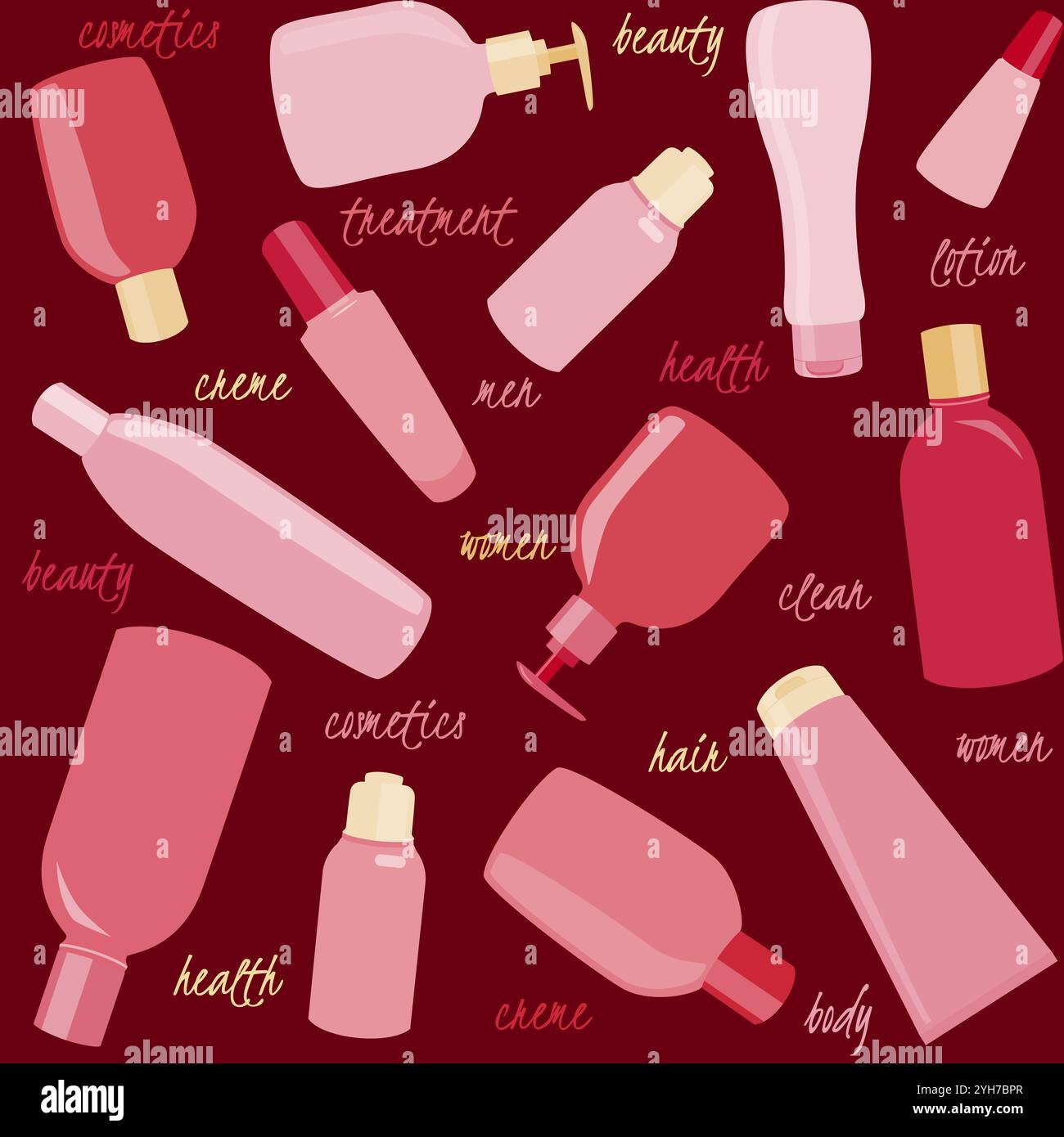 Pink seamless pattern with cosmetics bottles and text Stock Vector