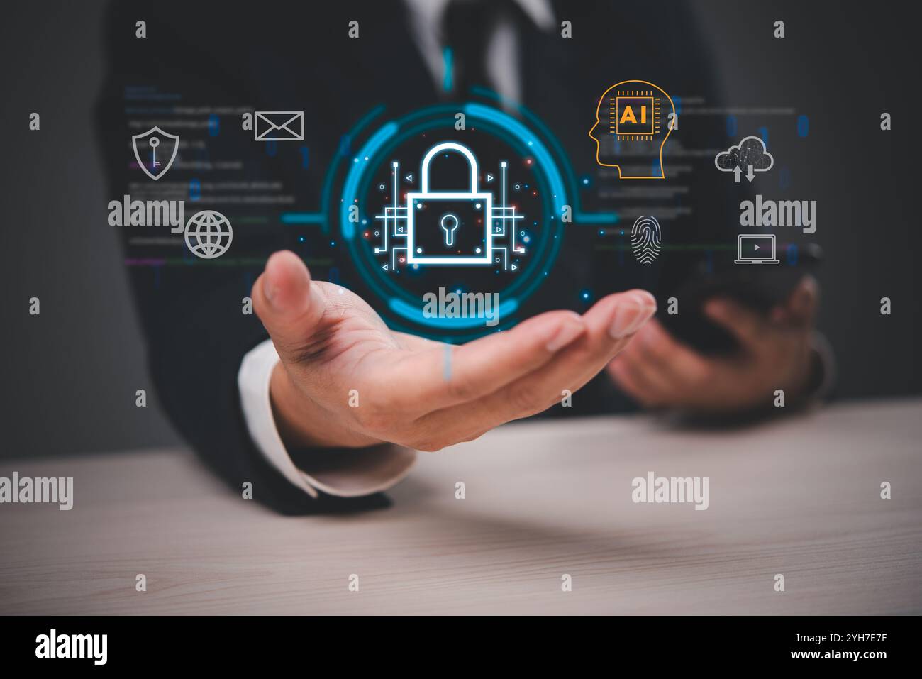 A businessman showcasing digital security icons and a glowing global network, representing cybersecurity and international communication. Stock Photo