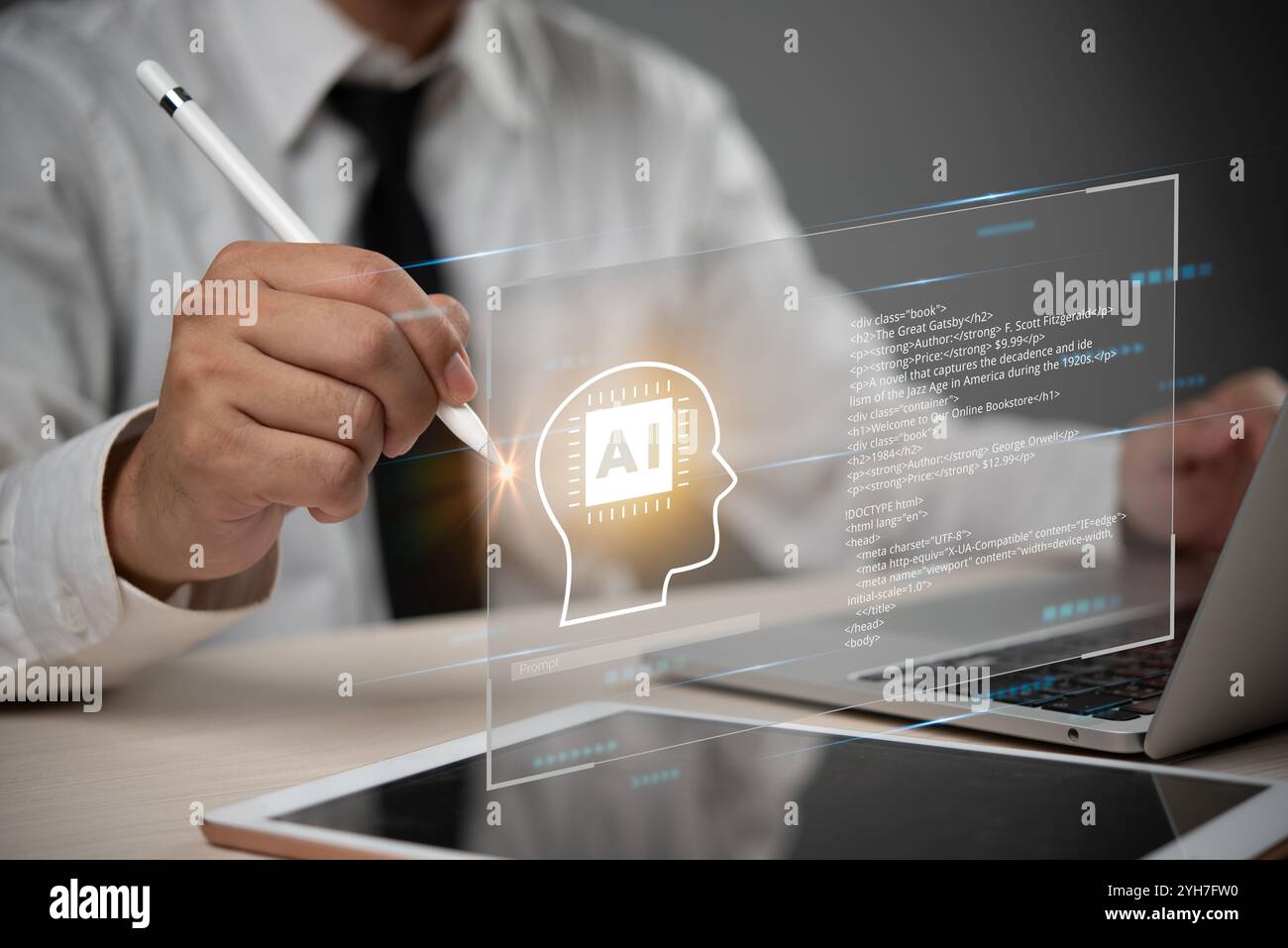 business professional using a digital pen to interact with an AI brain interface on a laptop, artificial intelligence creativity and coding program. T Stock Photo