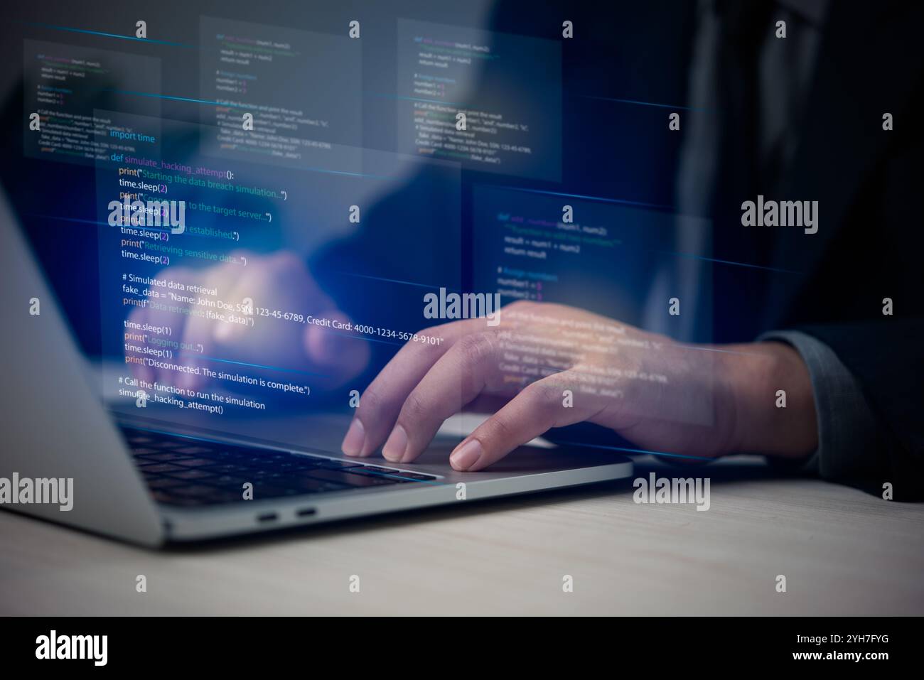 Hands typing on laptop with programming code on screen, representing software development. Perfect for coding, IT solutions, digital technology, web a Stock Photo