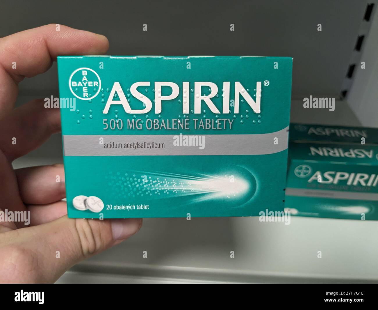 Prague,Czech Republic-August 8 2024:ASPIRIN box with ACETYLSALICYLIC ACID active substance by BAYER,used for pain relief,inflammation and heart health Stock Photo