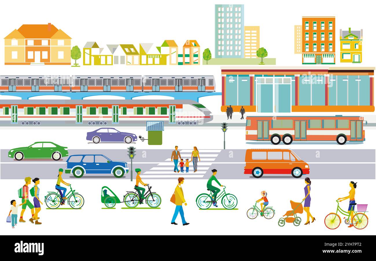 Elevated railway with Express train and Bus, road traffic ...