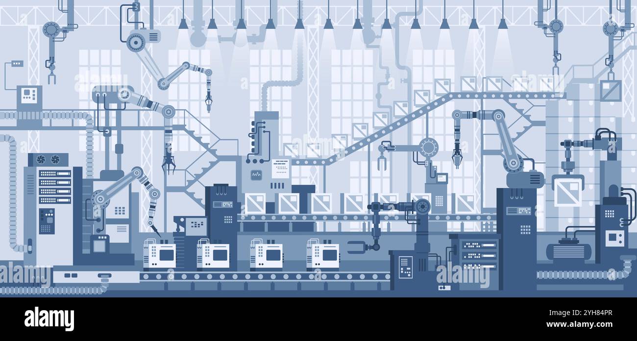 Industrial zone. Assembly line with robotic arms flat illustration ...