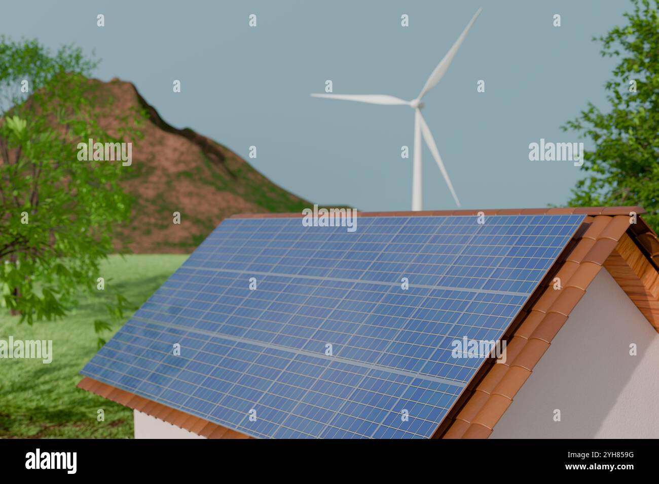 A house with solar panels and a wind turbine, illustrating renewable ...
