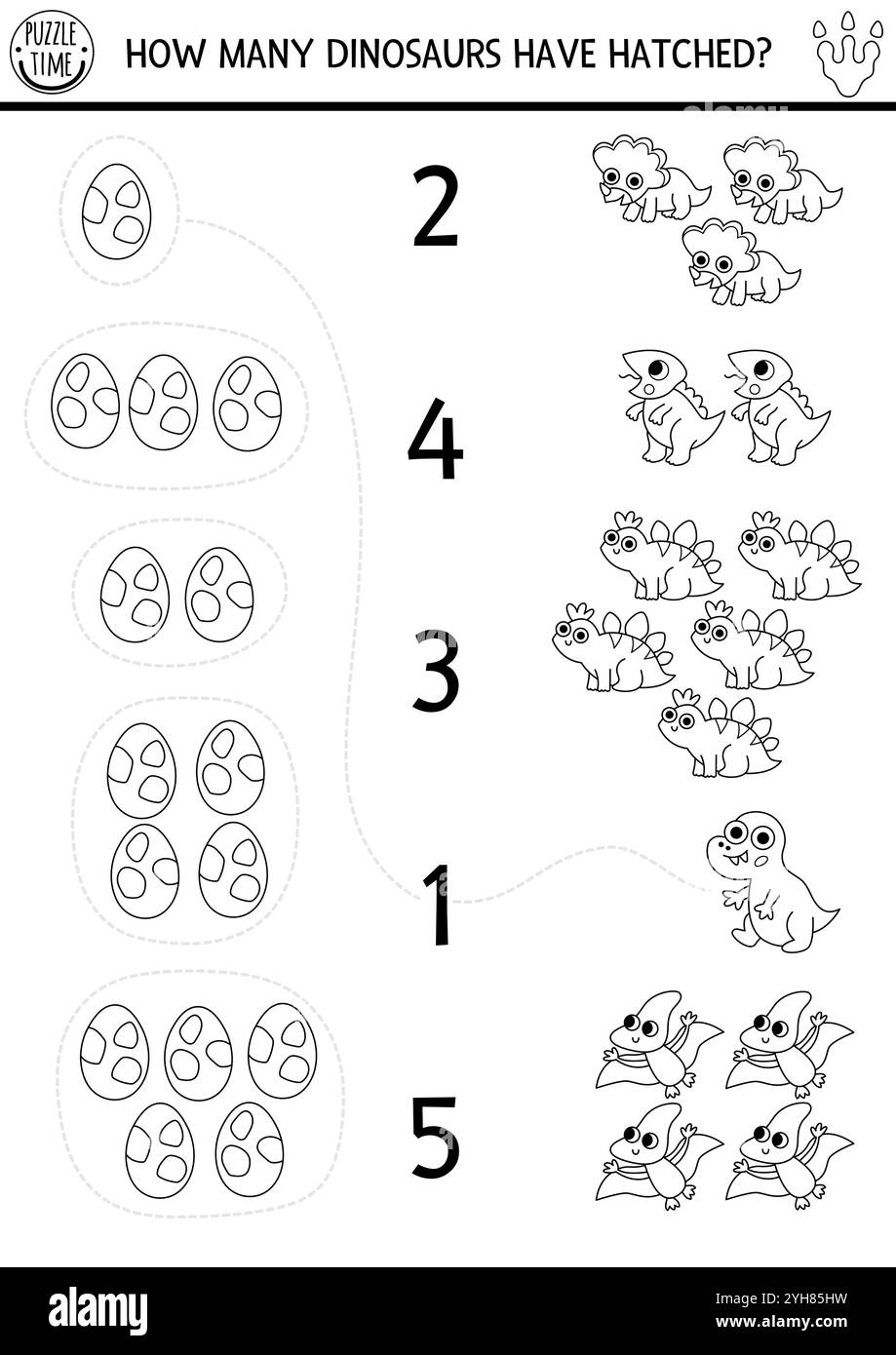 Black and white match the numbers dinosaur game with baby dino, eggs. Prehistoric line math activity for kids. Educational counting worksheet, colorin Stock Vector