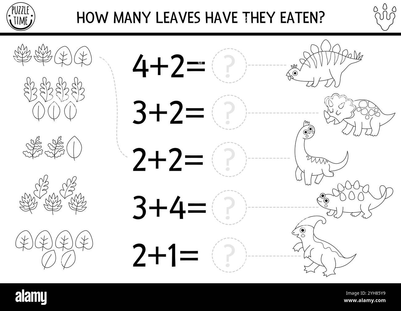 black-and-white-counting-and-matching-game-with-ancient-animals-leaves-dinosaur-math-addition-activity-for-kids-prehistoric-line-printable-counting-stock-vector-image-art-alamy for Free Printable Dinosaur Math Worksheets Black and white counting and matching game with ancient animals, leaves. Dinosaur math addition activity for kids. Prehistoric line printable counting Stock Vector Image & Art - Alamy for Free Printable Dinosaur Math Worksheets