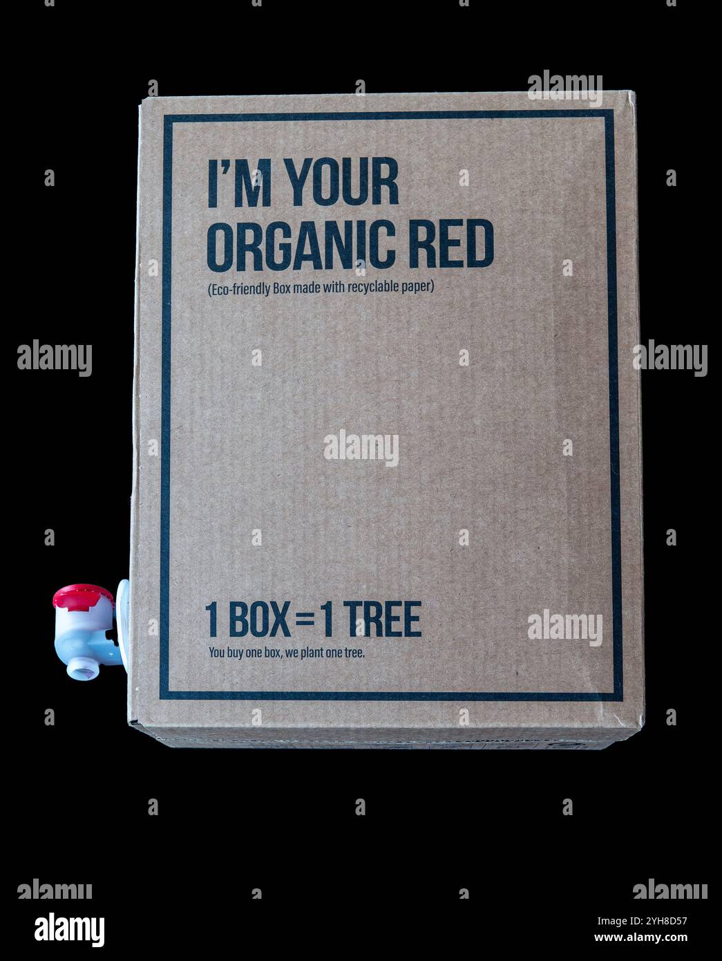 I’m Your Organic Red, BIB - Bag in box tempranillo organic red wine in eco-friendly box made with recyclable paper. You buy one box, we plant one tree Stock Photo