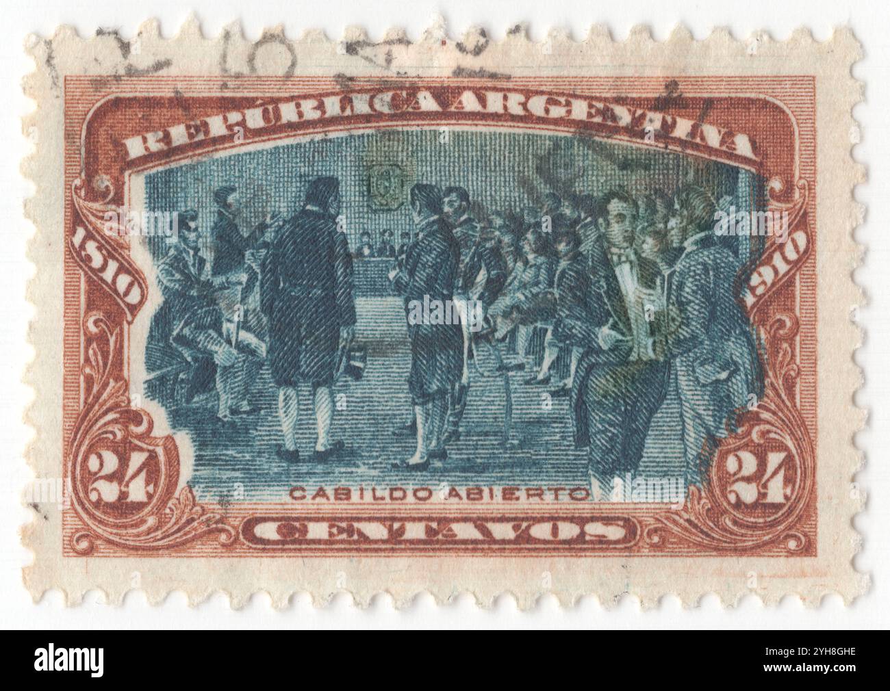 ARGENTINA - 1910 1 May: 24 centavos orange-brown and blue postage stamp depicting Session of the first National Congress (First Council). Centenary of the republic, inscribed “1810 1910”. The May Revolution was a week-long series of events that took place from May 18 to 25, in Buenos Aires, capital of the Viceroyalty of the Río de la Plata. This Spanish colony included roughly the territories of present-day Argentina, Bolivia, Paraguay, Uruguay, and parts of Brazil. The result was the removal of Viceroy Baltasar Hidalgo de Cisneros and the establishment of a local government, the Primera Junta Stock Photo