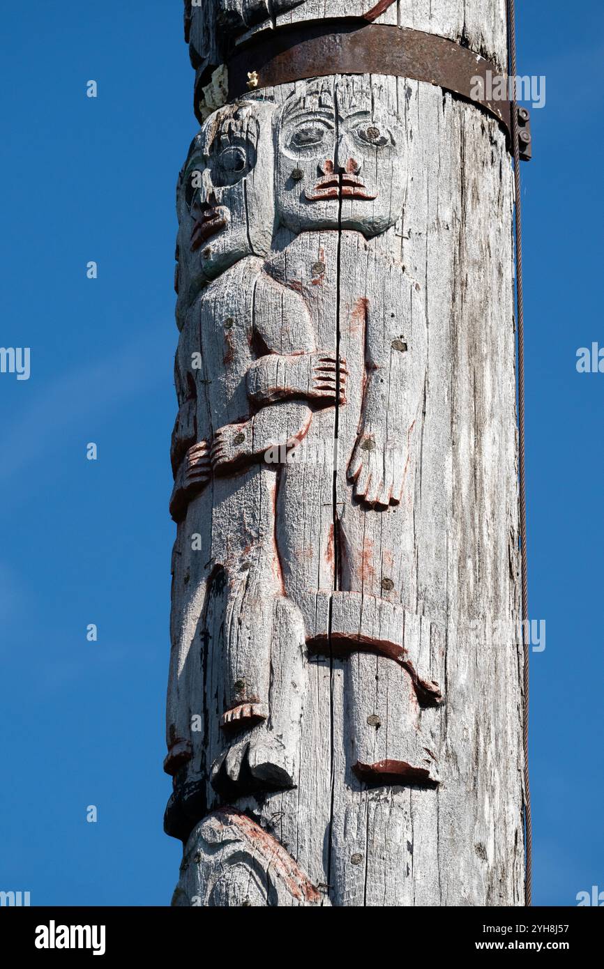 Alaska, Kupreanof Island, Tlingit community of Kake. Kake’s 132-foot totem pole is the tallest in the world carved by a Native carver. Stock Photo