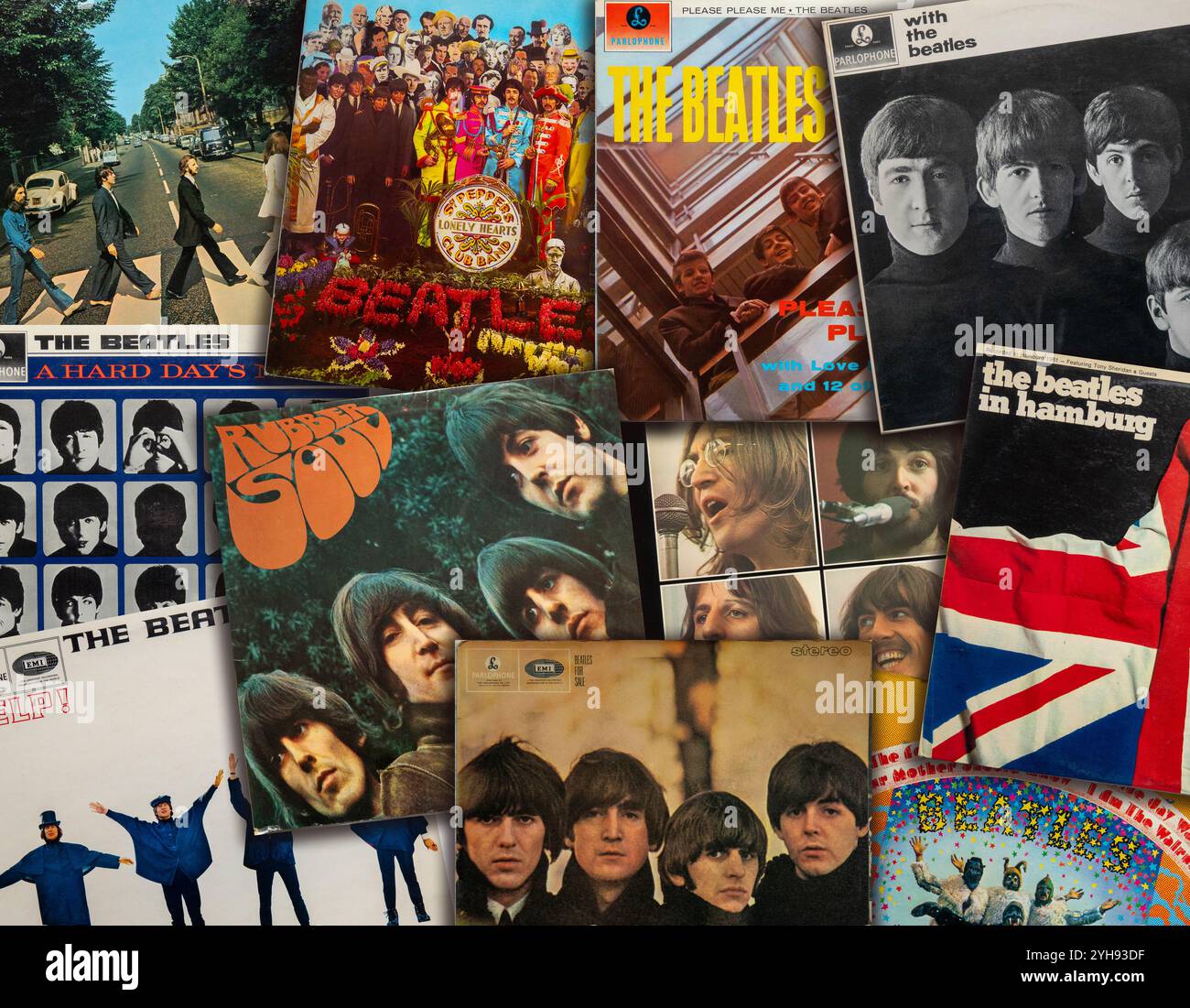 The Beatles LP vintage vinyl records cover collection from in a pile. Copenhagen, Denmark - November 10, 2024. Stock Photo